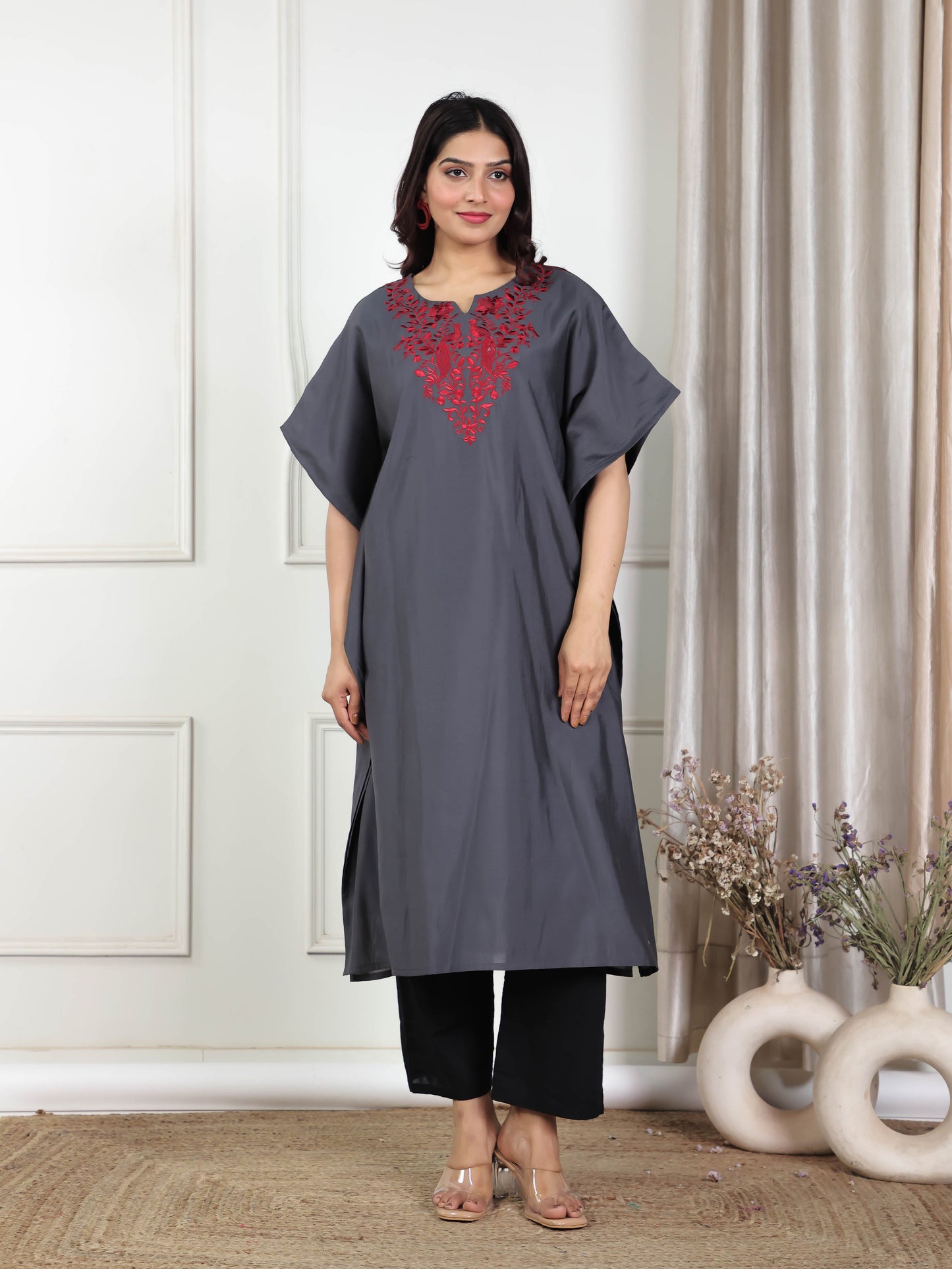 Embroidered Viscose Solid Kaftan Grey Kurta