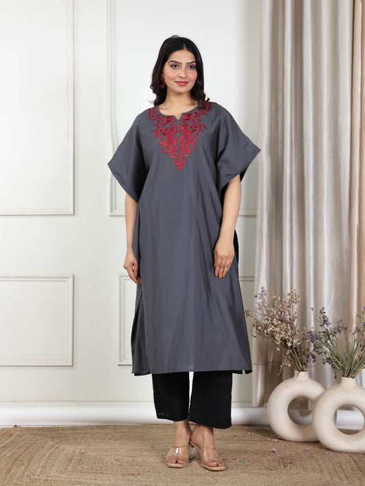 Embroidered Viscose Solid Kaftan Grey Kurta