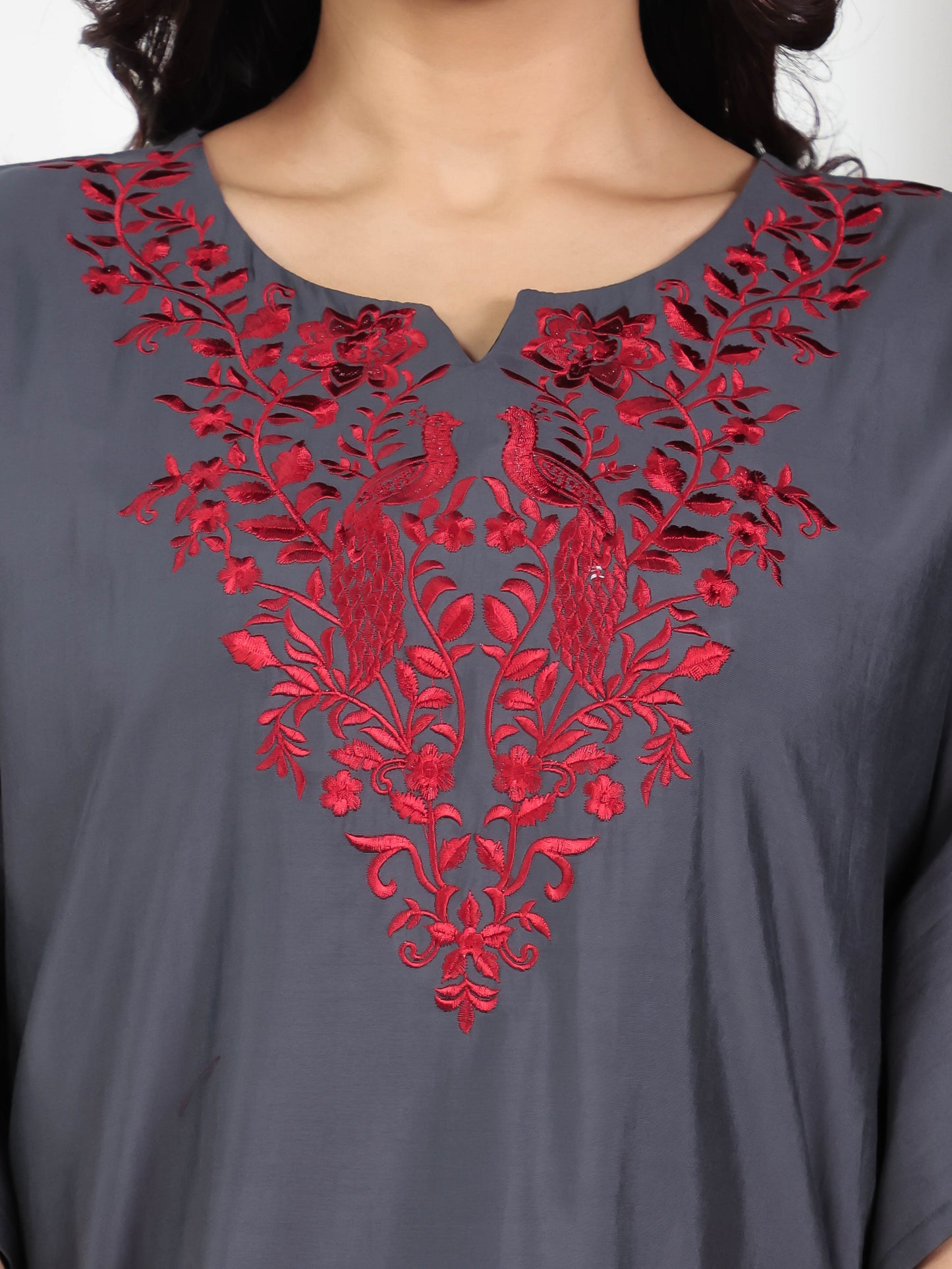 Embroidered Viscose Solid Kaftan Grey Kurta