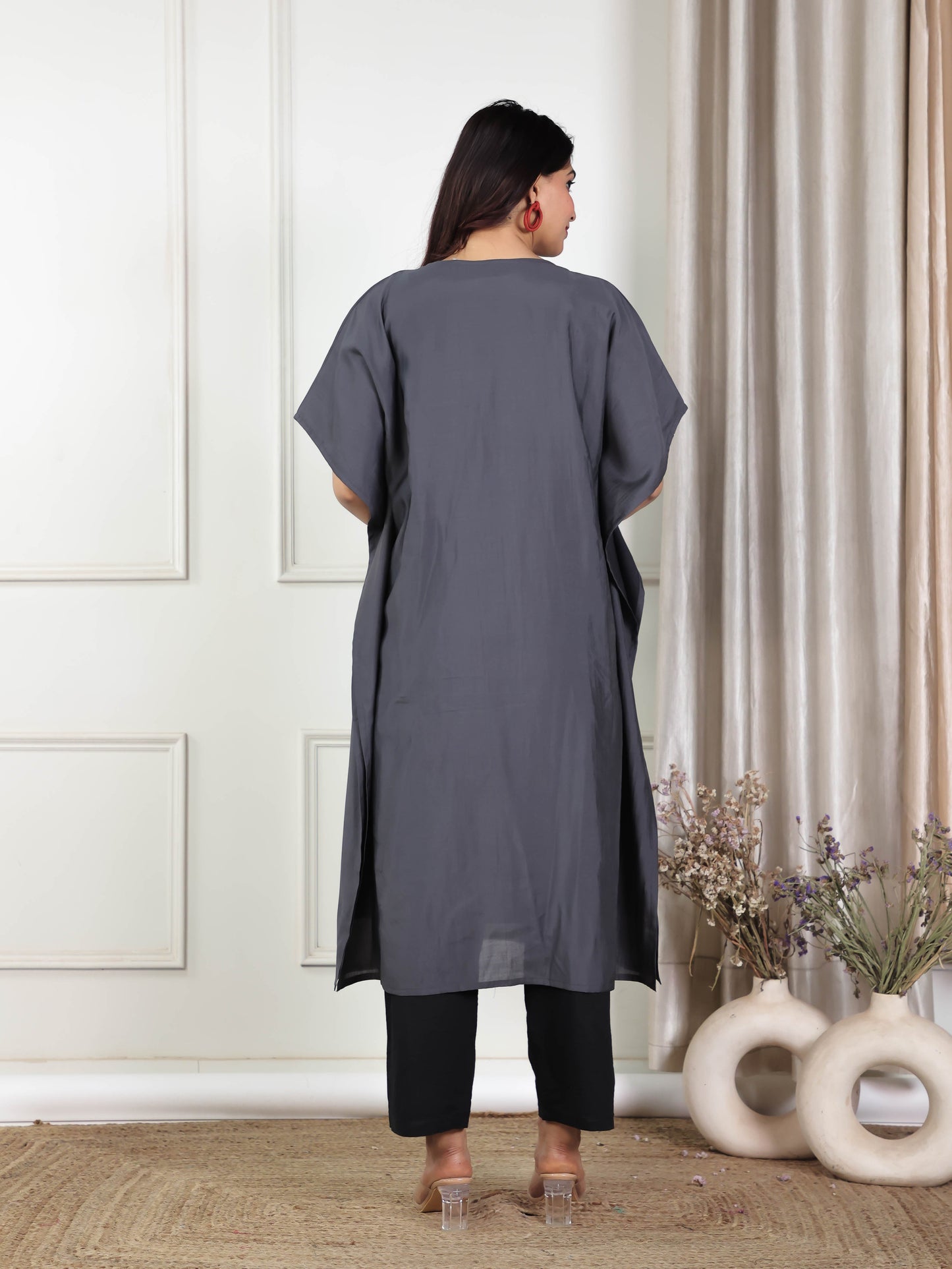 Embroidered Viscose Solid Kaftan Grey Kurta
