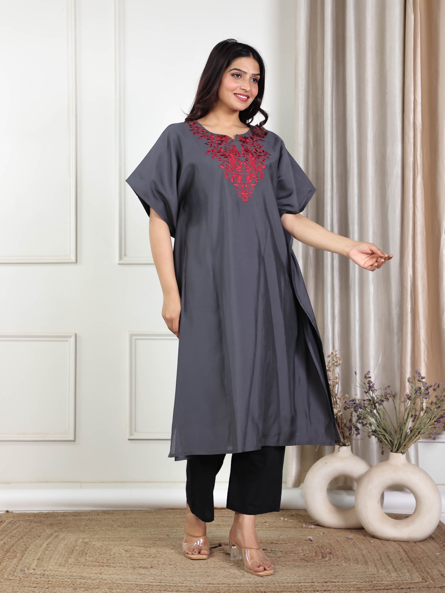 Embroidered Viscose Solid Kaftan Grey Kurta