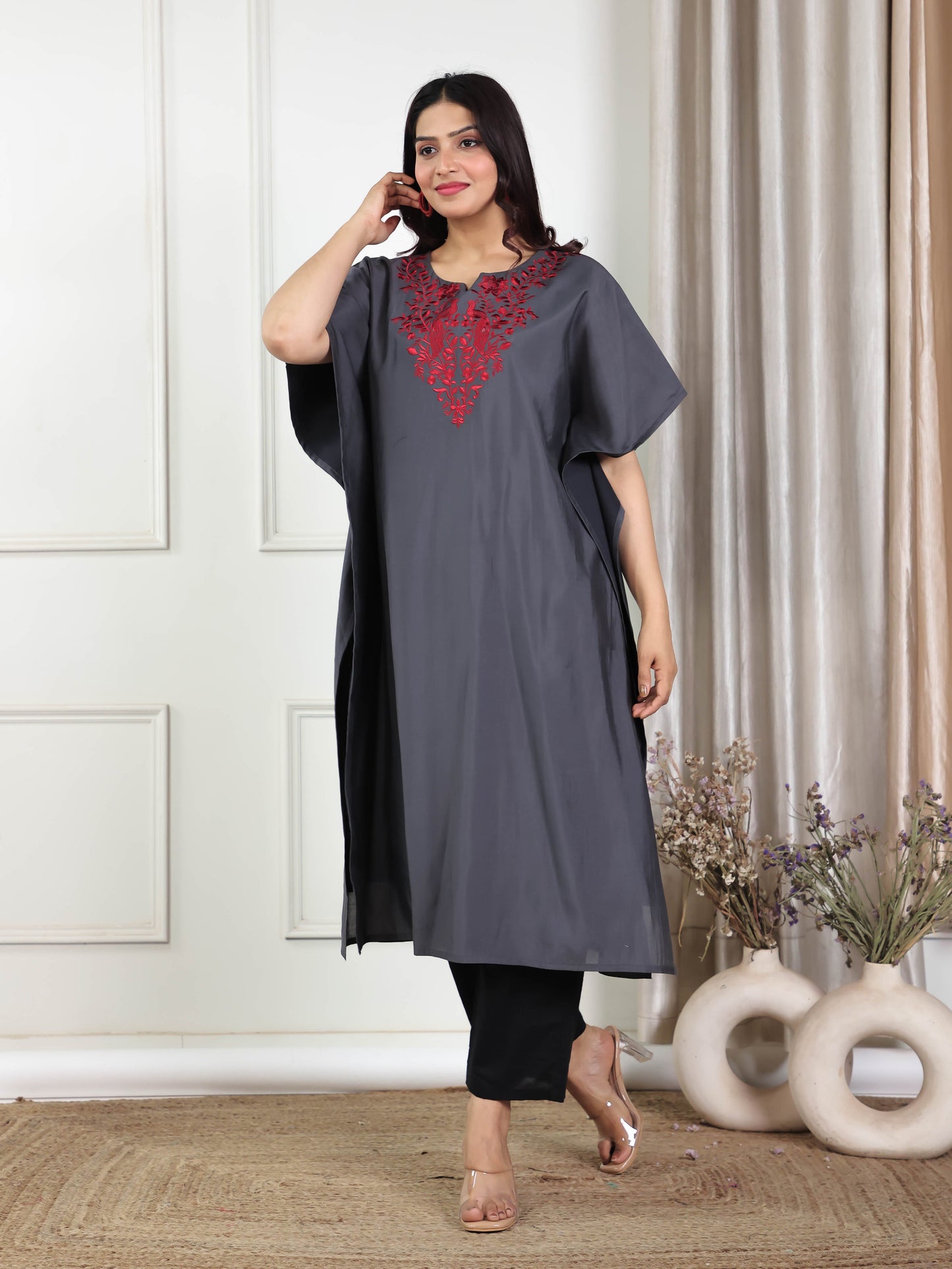 Embroidered Viscose Solid Kaftan Grey Kurta