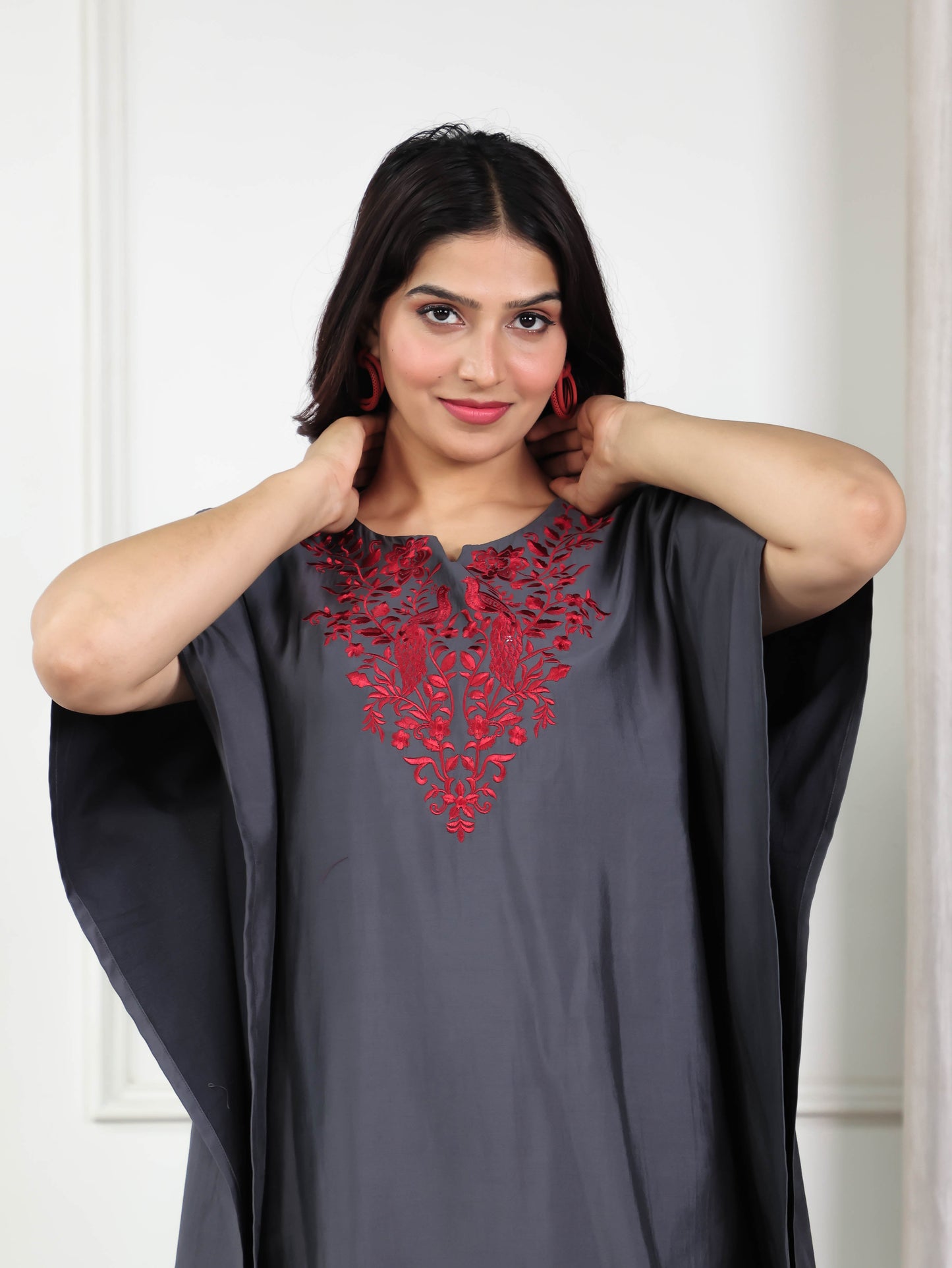 Embroidered Viscose Solid Kaftan Grey Kurta