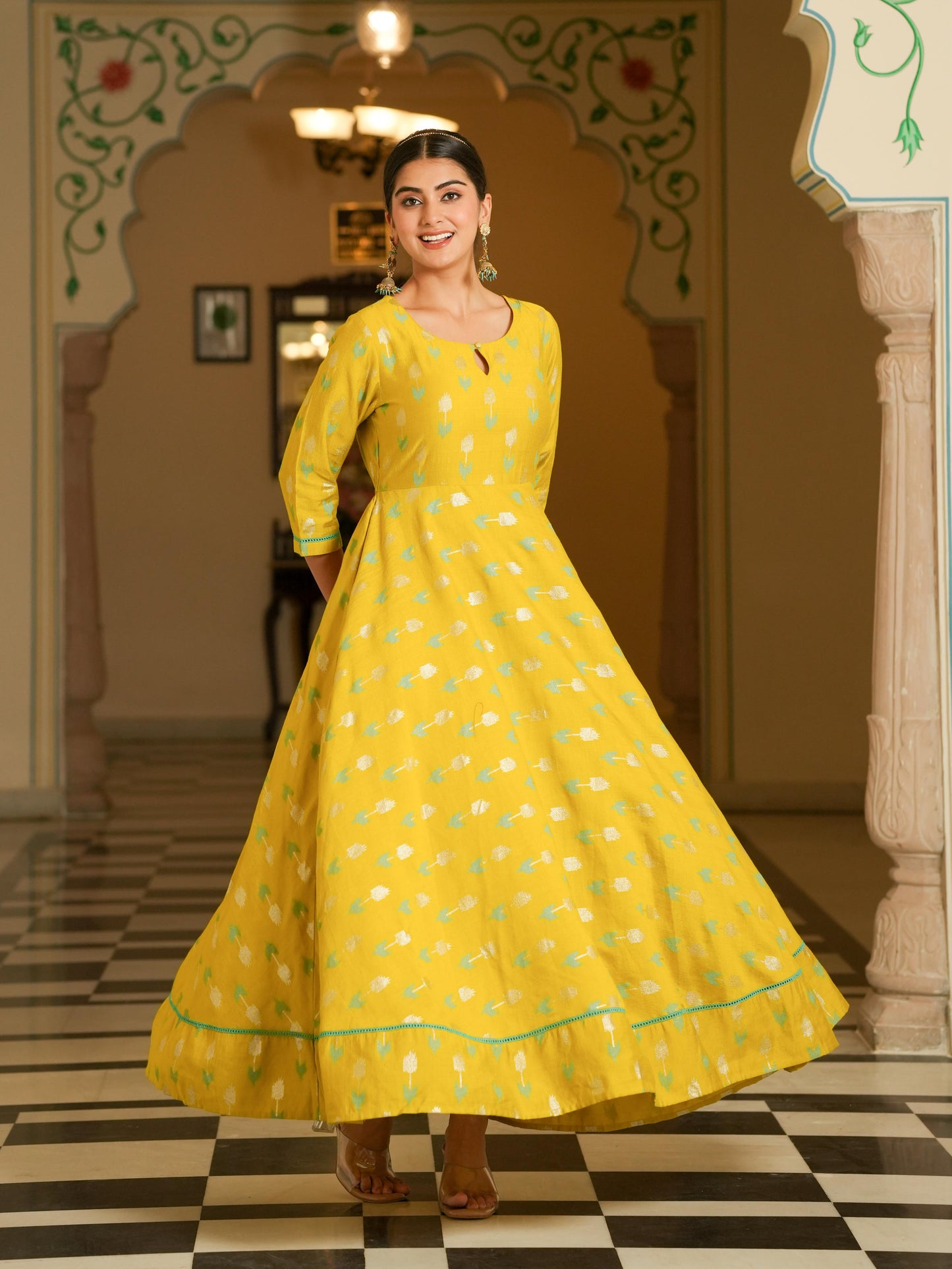 Chanderi Geometric Anarkali Lime Green Dress