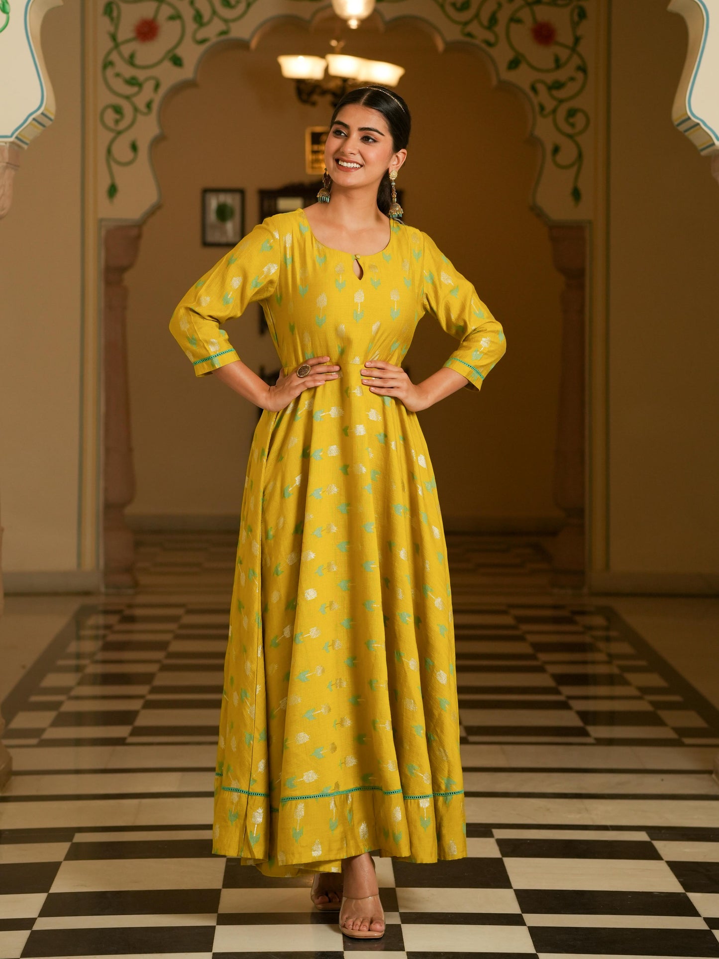 Chanderi Geometric Anarkali Lime Green Dress