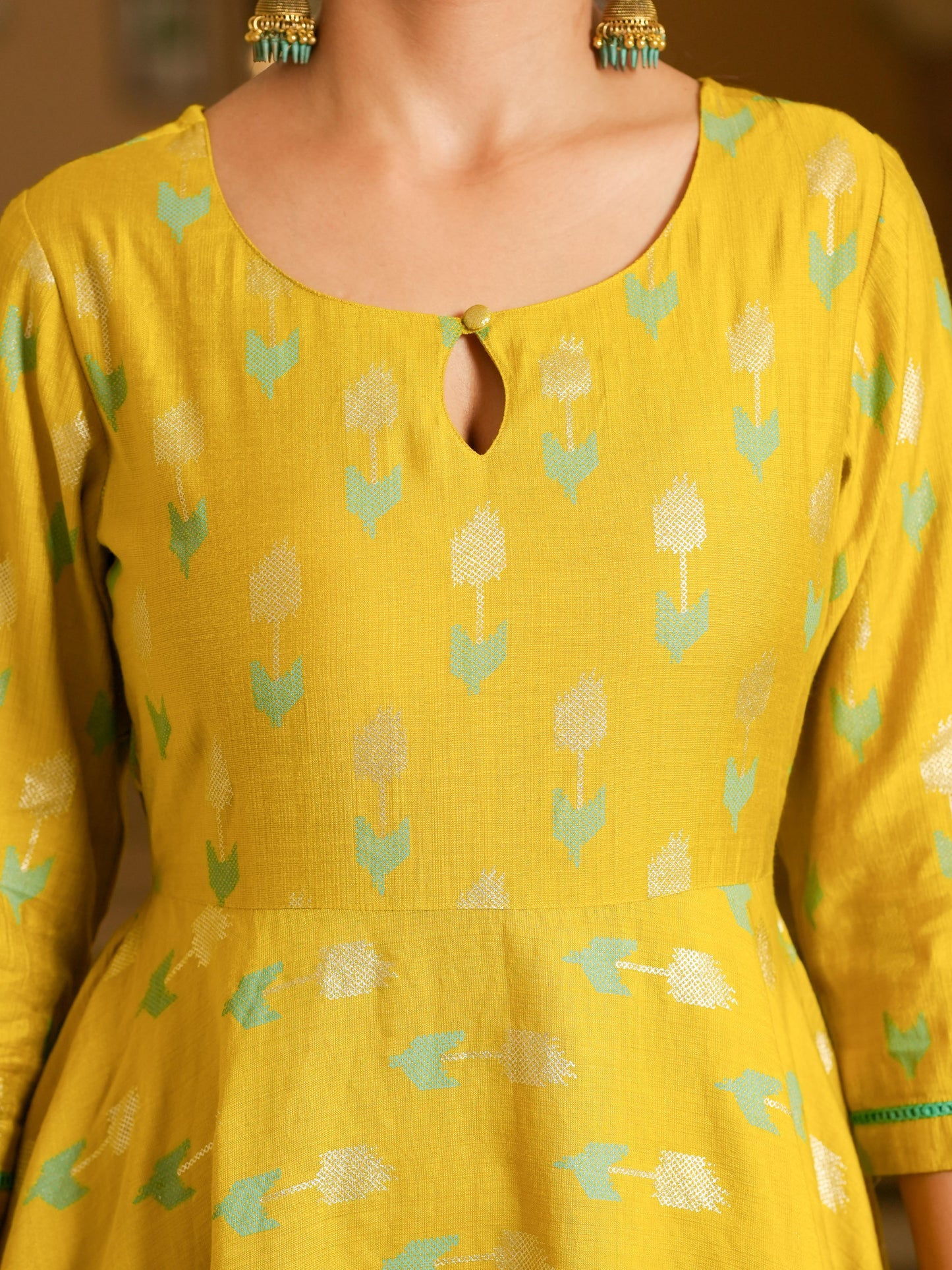 Chanderi Geometric Anarkali Lime Green Dress