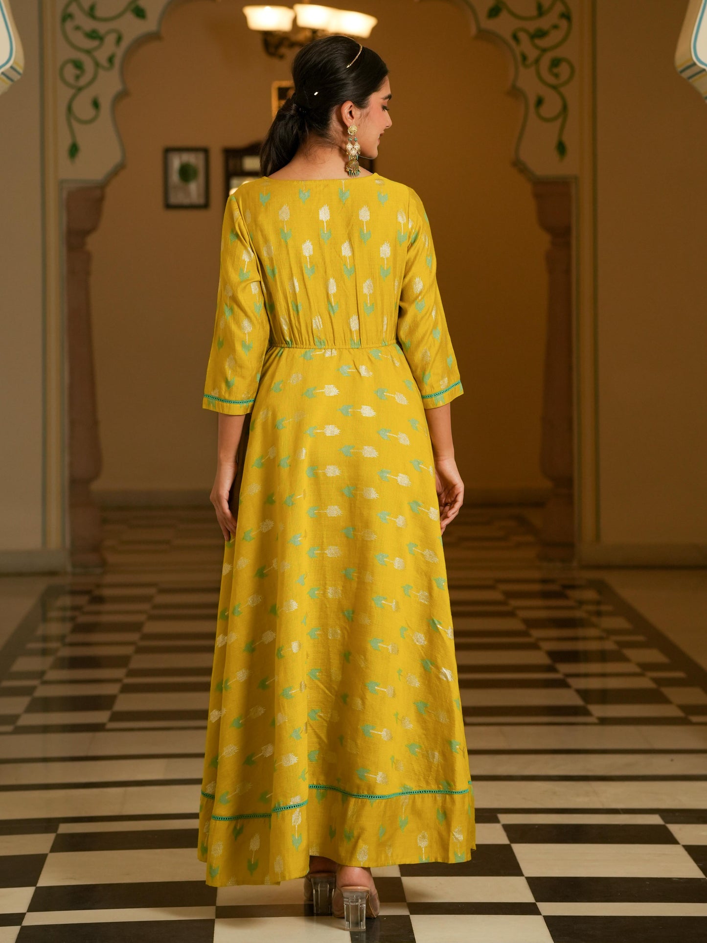 Chanderi Geometric Anarkali Lime Green Dress
