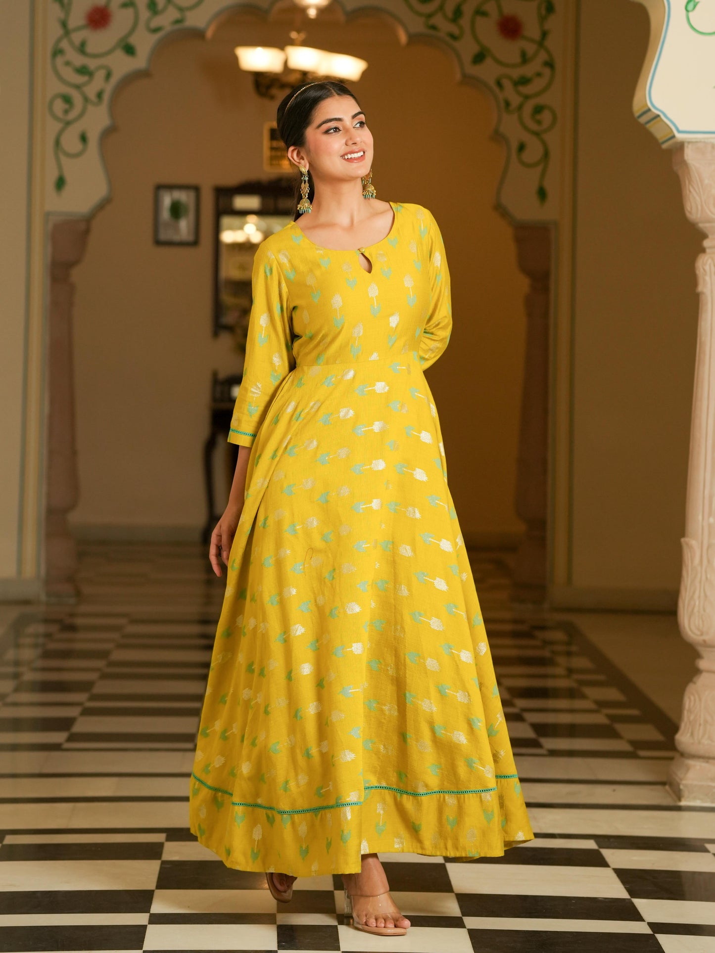 Chanderi Geometric Anarkali Lime Green Dress