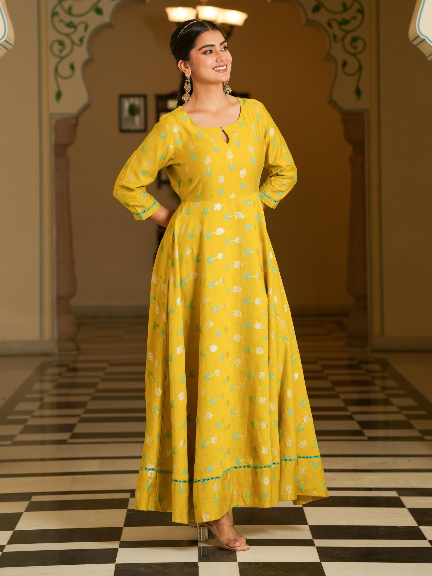 Chanderi Geometric Anarkali Lime Green Dress