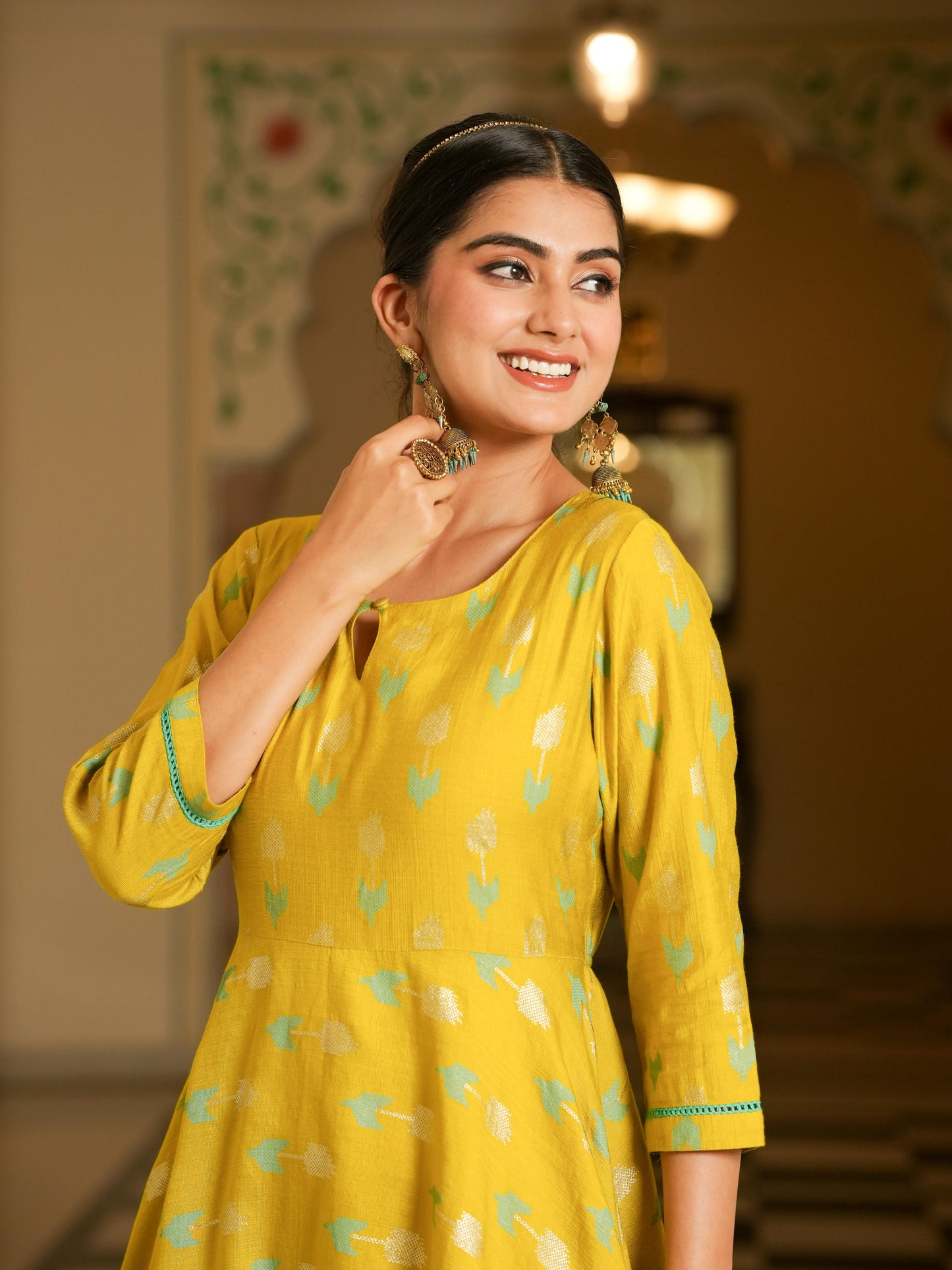 Chanderi Geometric Anarkali Lime Green Dress