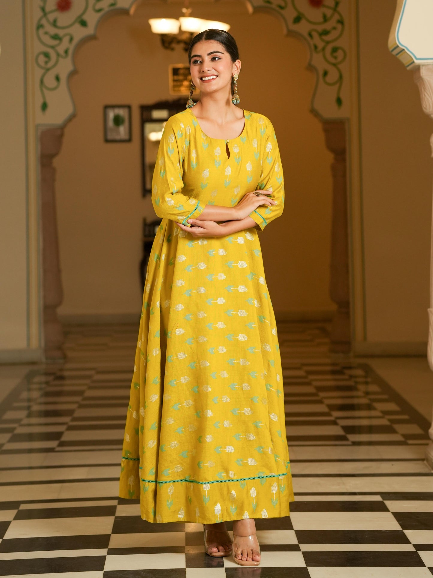 Chanderi Geometric Anarkali Lime Green Dress