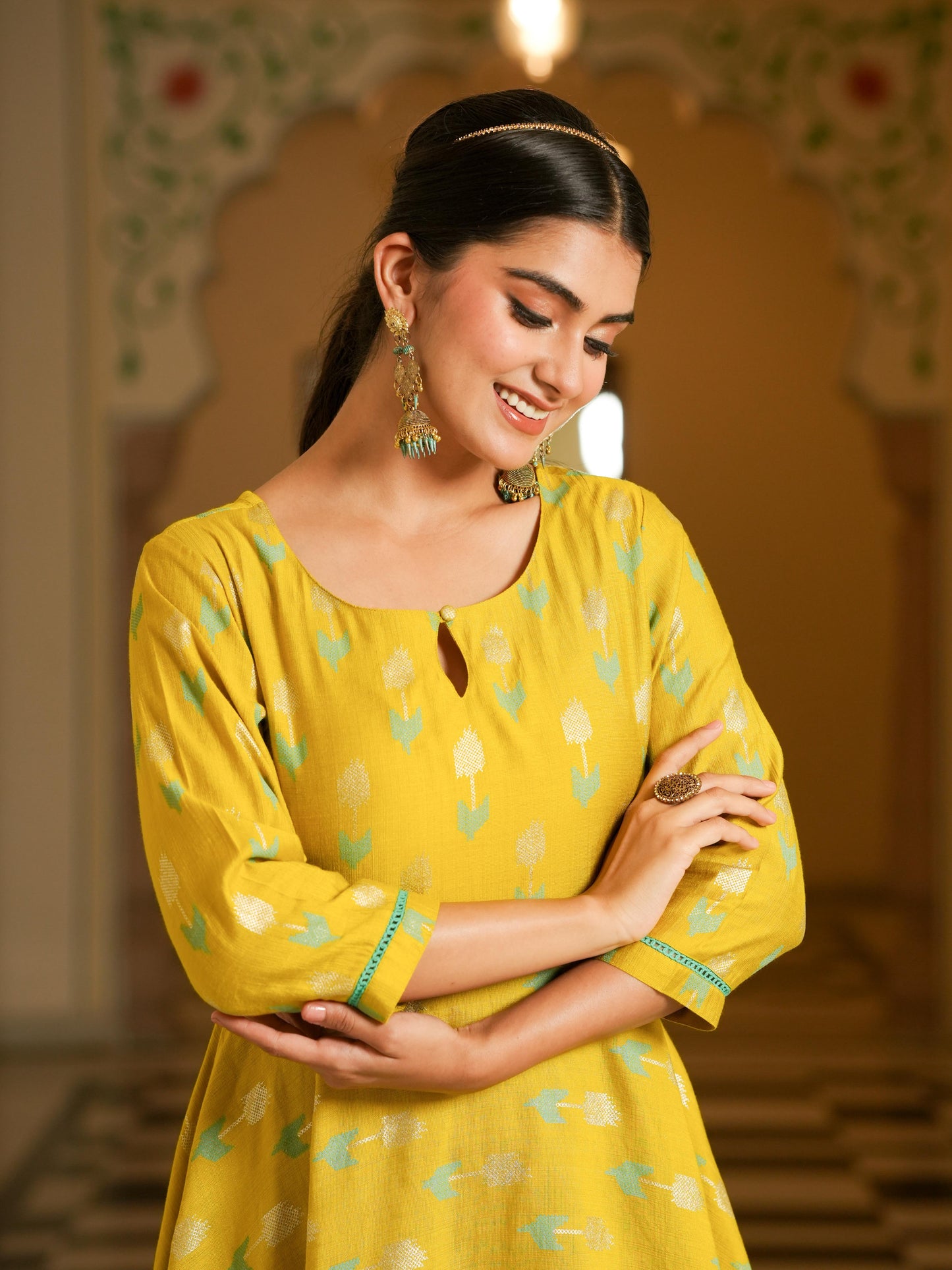 Chanderi Geometric Anarkali Lime Green Dress