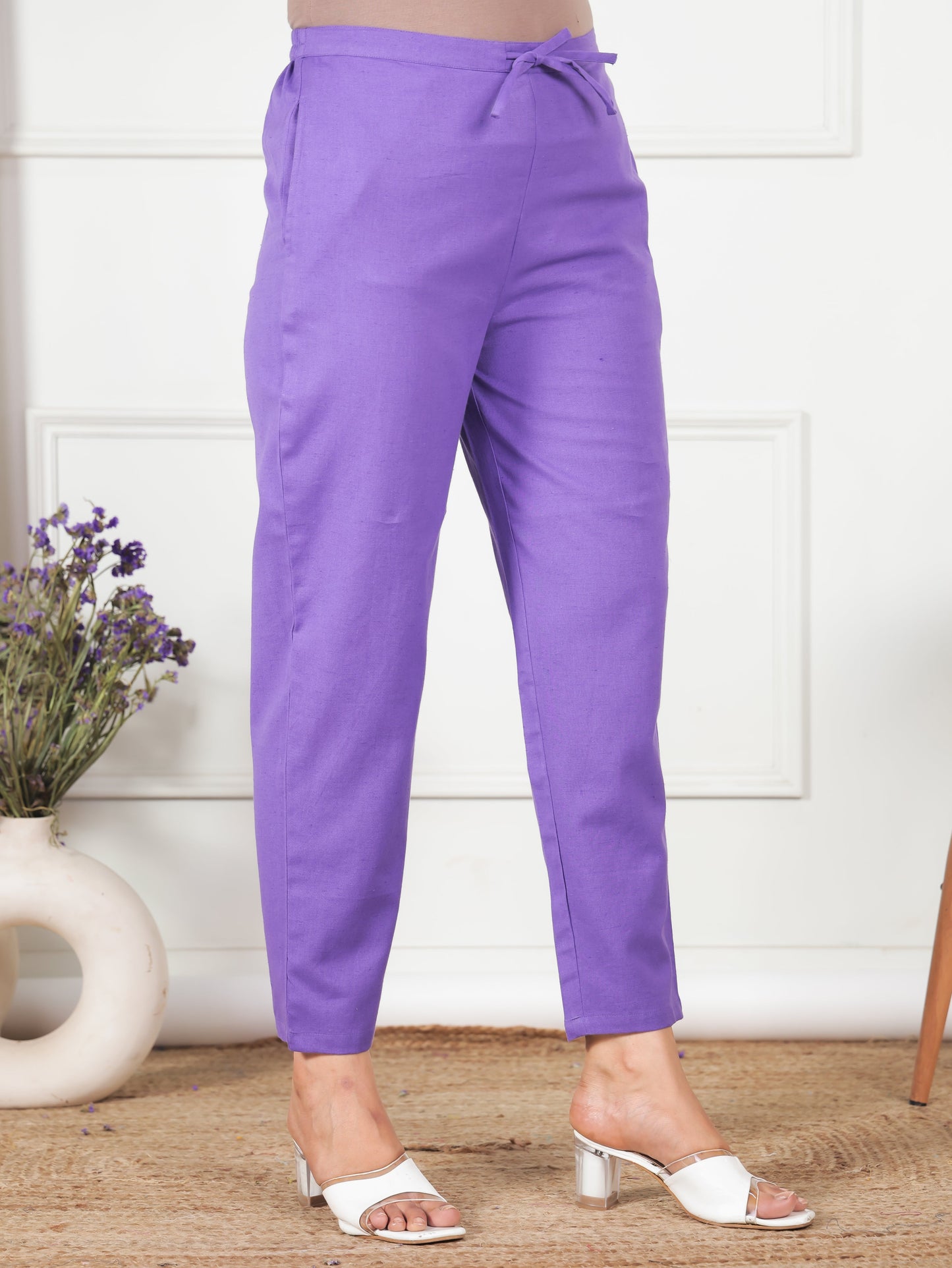 Linen Cotton Solid Purple Tapered Trousers