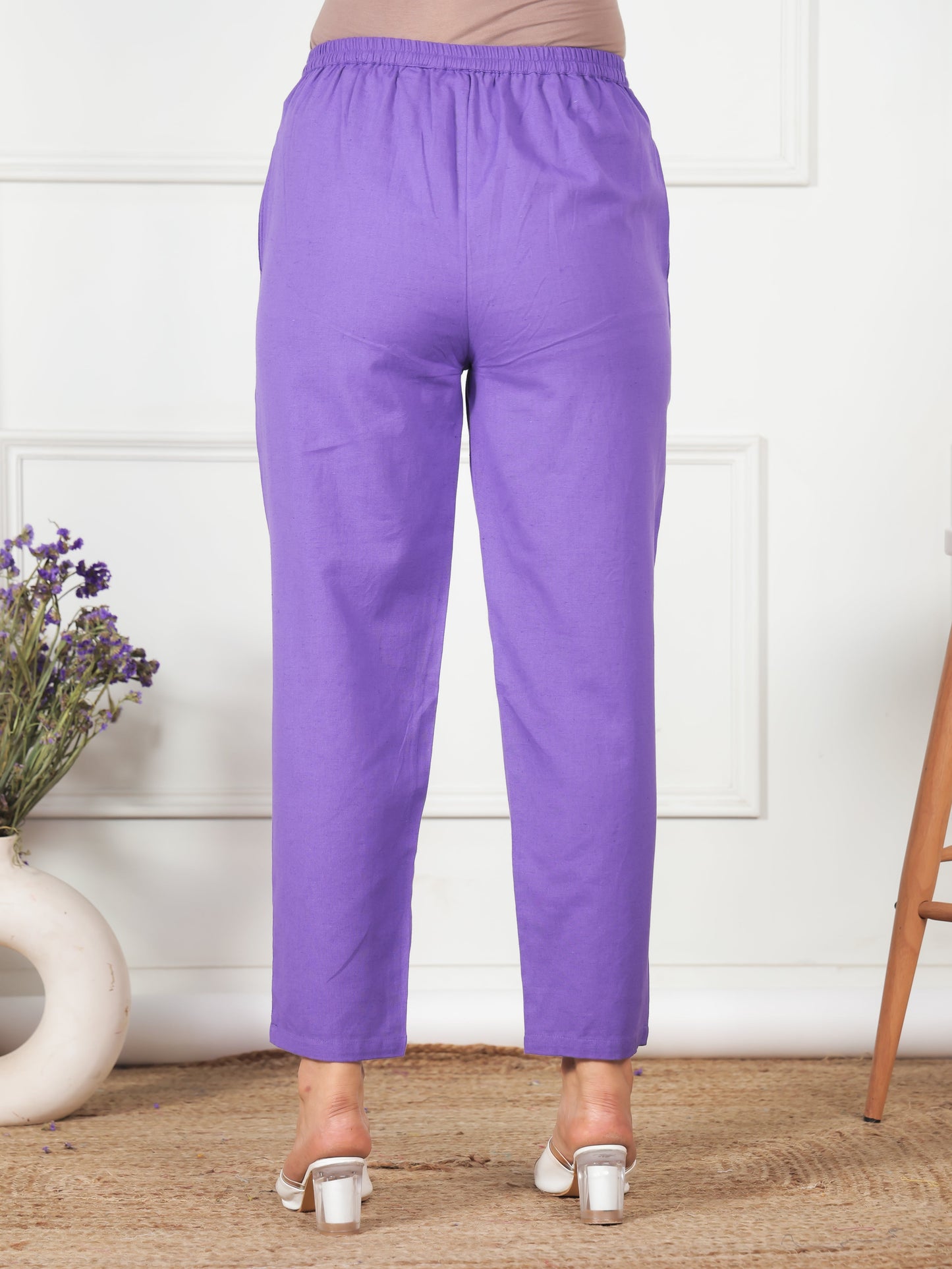 Linen Cotton Solid Purple Tapered Trousers