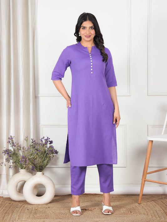 Linen Cotton Solid Straight Purple Kurta