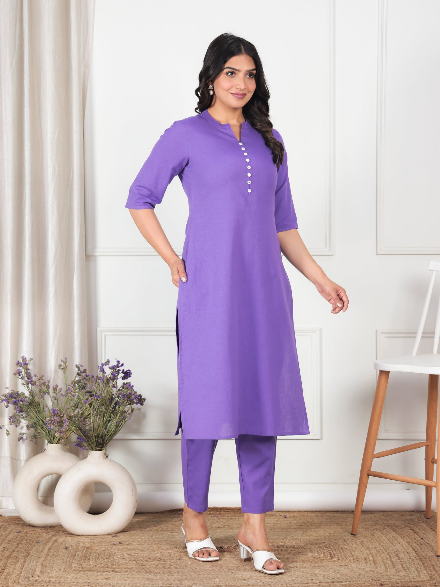 Linen Cotton Solid Straight Purple Kurta