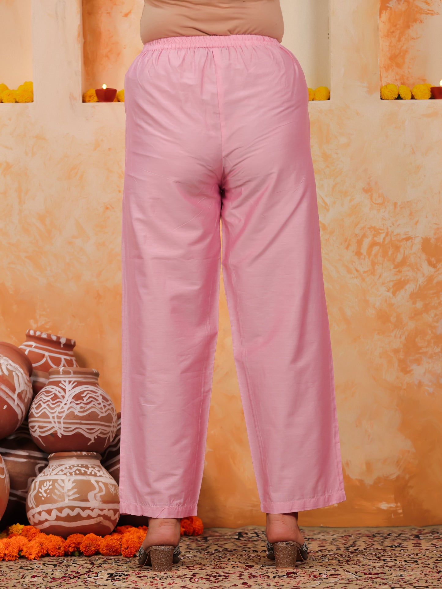 Chanderi Solid Baby Pink Tapered Trousers