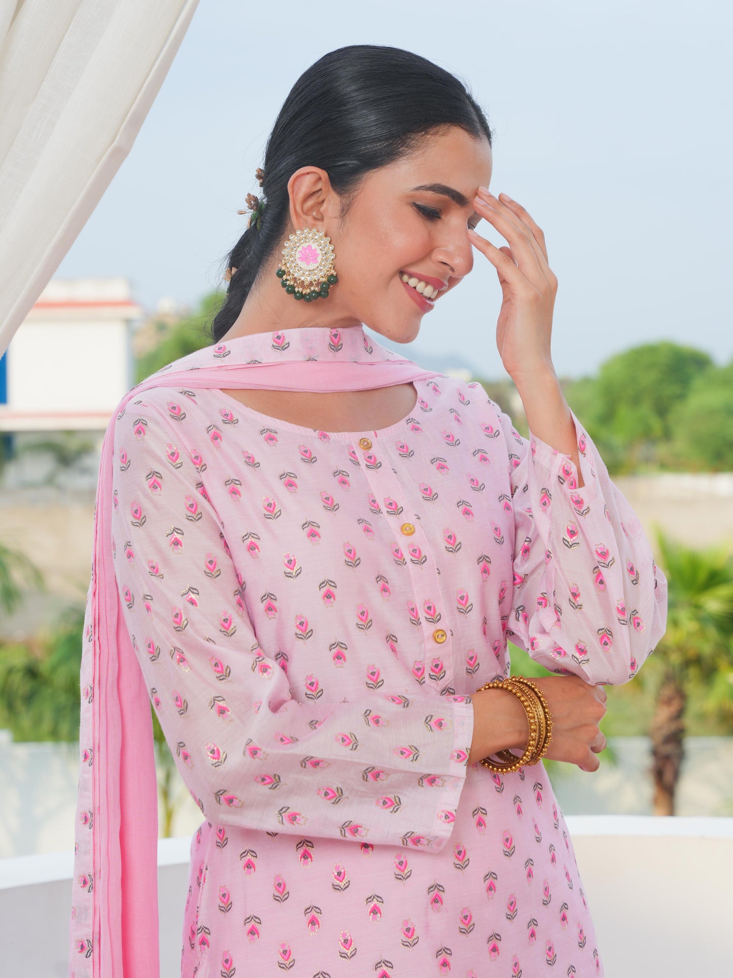 Chanderi Gold foil Straight Baby Pink Kurta