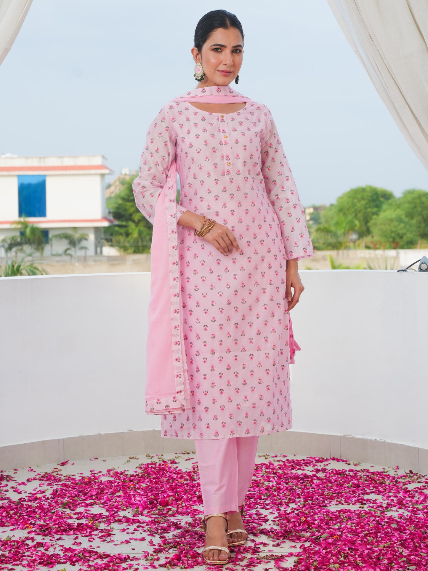 Chanderi Gold foil Straight Baby Pink Kurta
