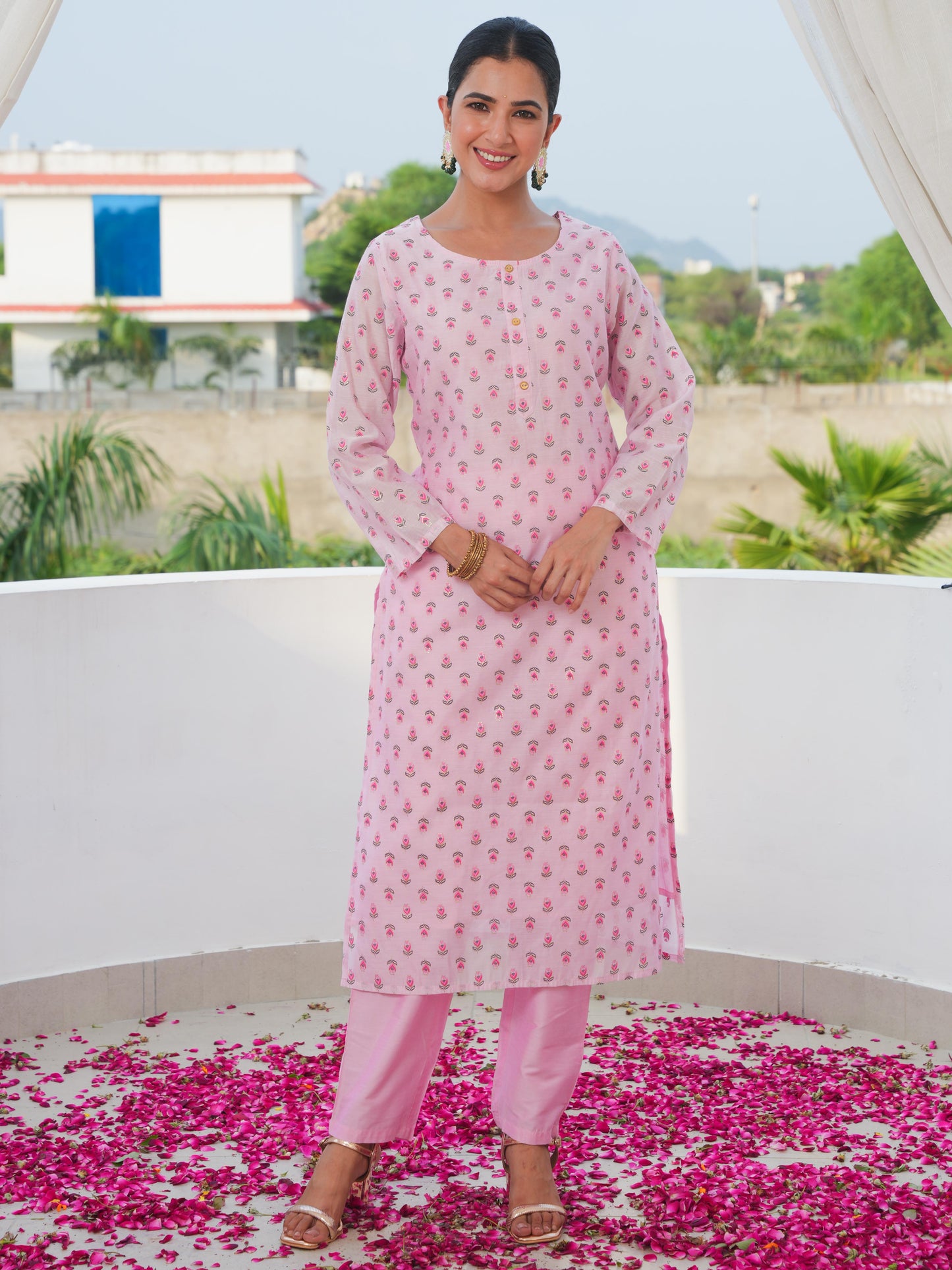 Chanderi Gold foil Straight Baby Pink Kurta