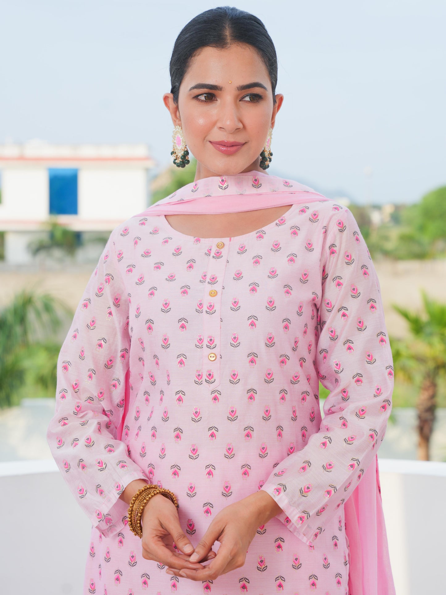 Chanderi Gold foil Straight Baby Pink Kurta