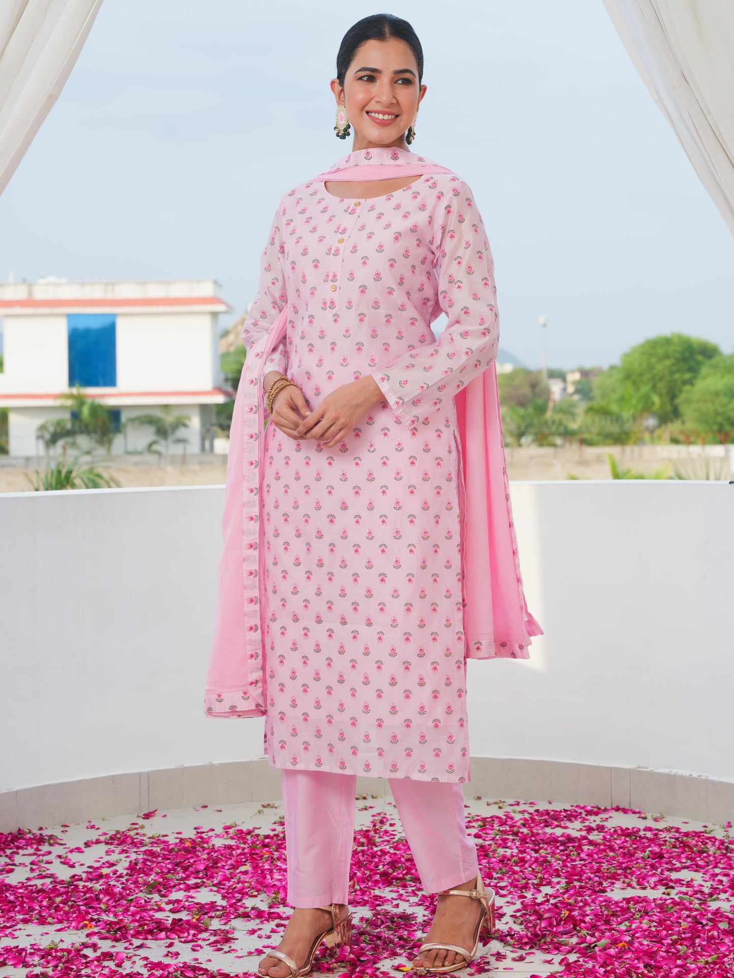 Chanderi Gold foil Straight Baby Pink Kurta
