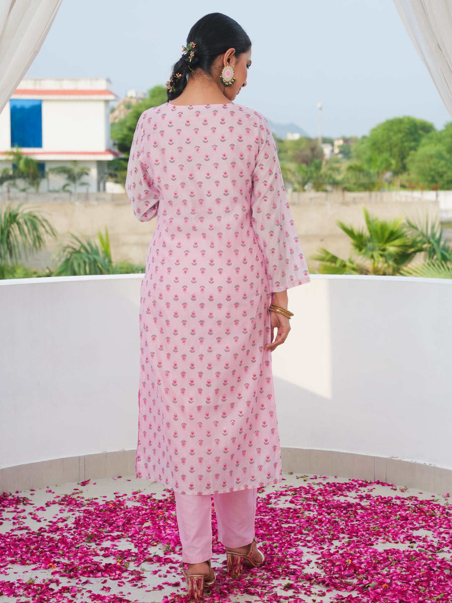 Chanderi Gold foil Straight Baby Pink Kurta