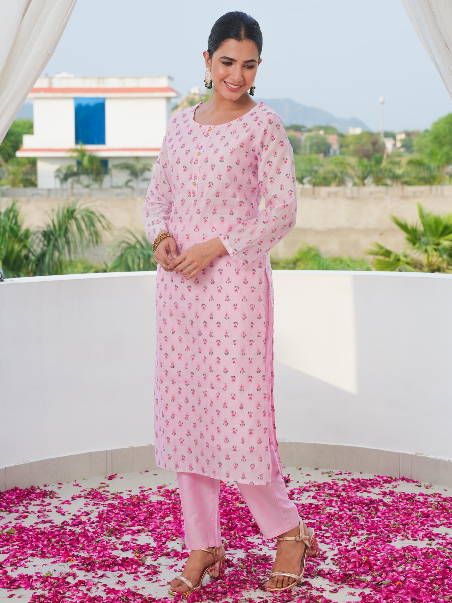 Chanderi Gold foil Straight Baby Pink Kurta