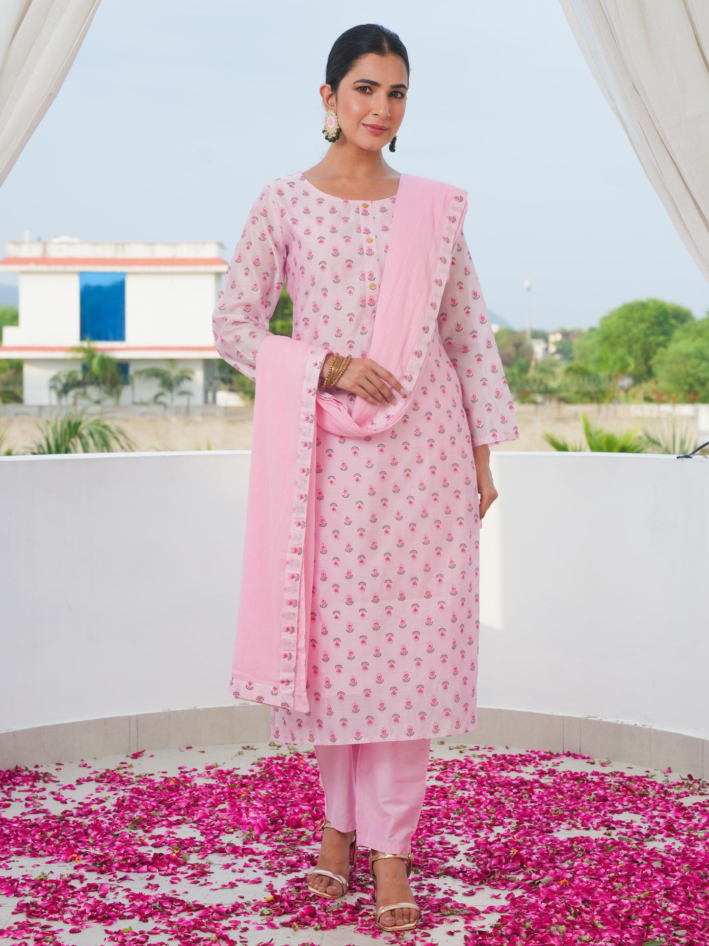 Chanderi Gold foil Straight Baby Pink Kurta