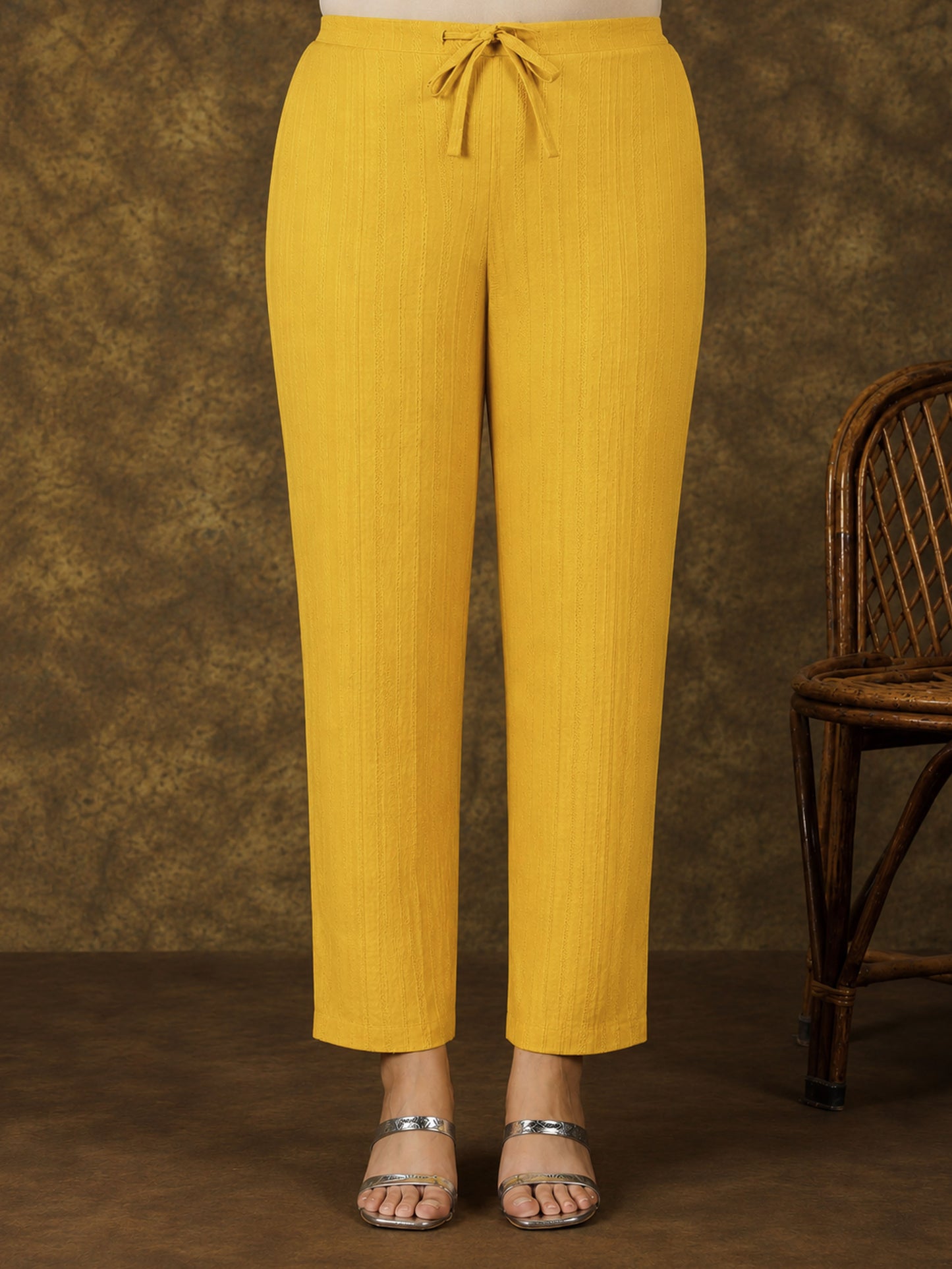 Cotton Dobby Solid Yellow Tapered Tapered Trousers
