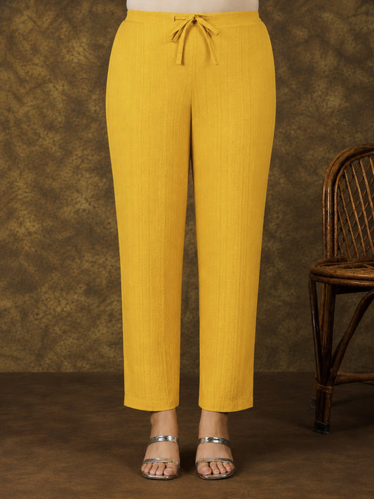 Cotton Dobby Solid Yellow Tapered Tapered Trousers