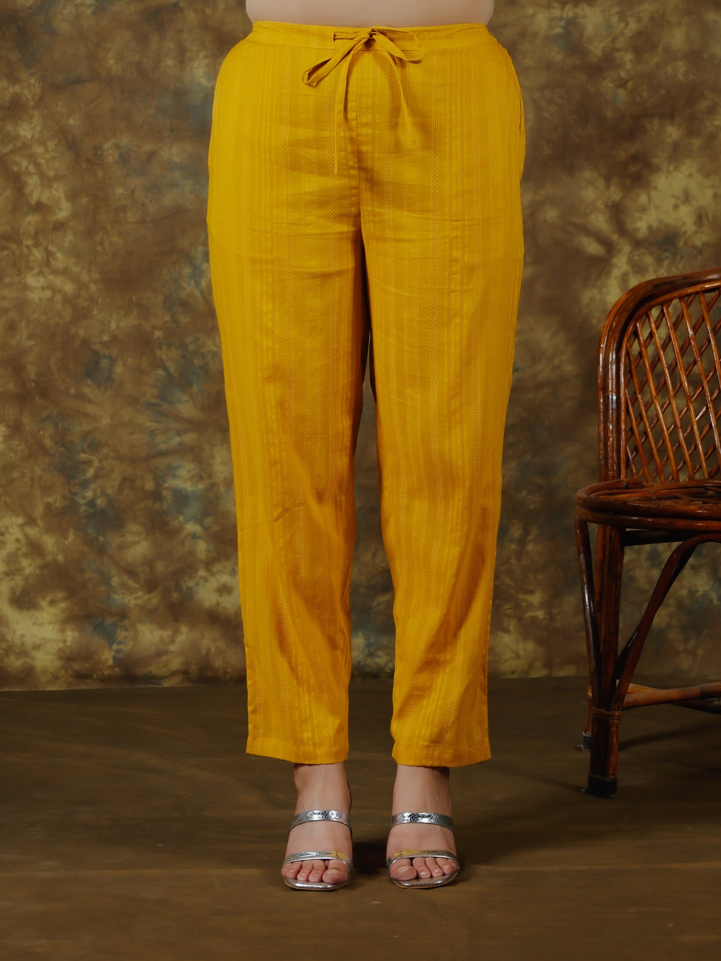 Cotton Dobby Solid Yellow Tapered Tapered Trousers