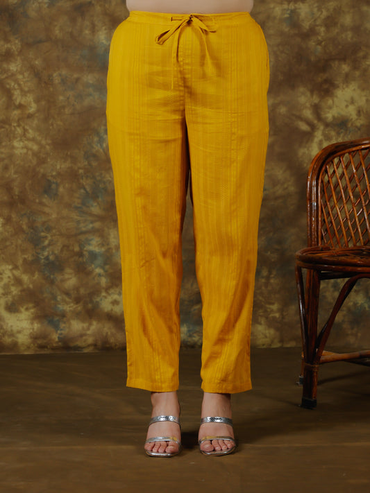 Cotton Dobby Solid Yellow Tapered Tapered Trousers