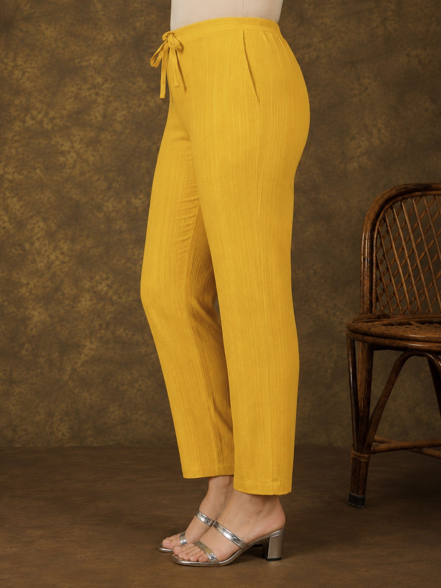 Cotton Dobby Solid Yellow Tapered Tapered Trousers