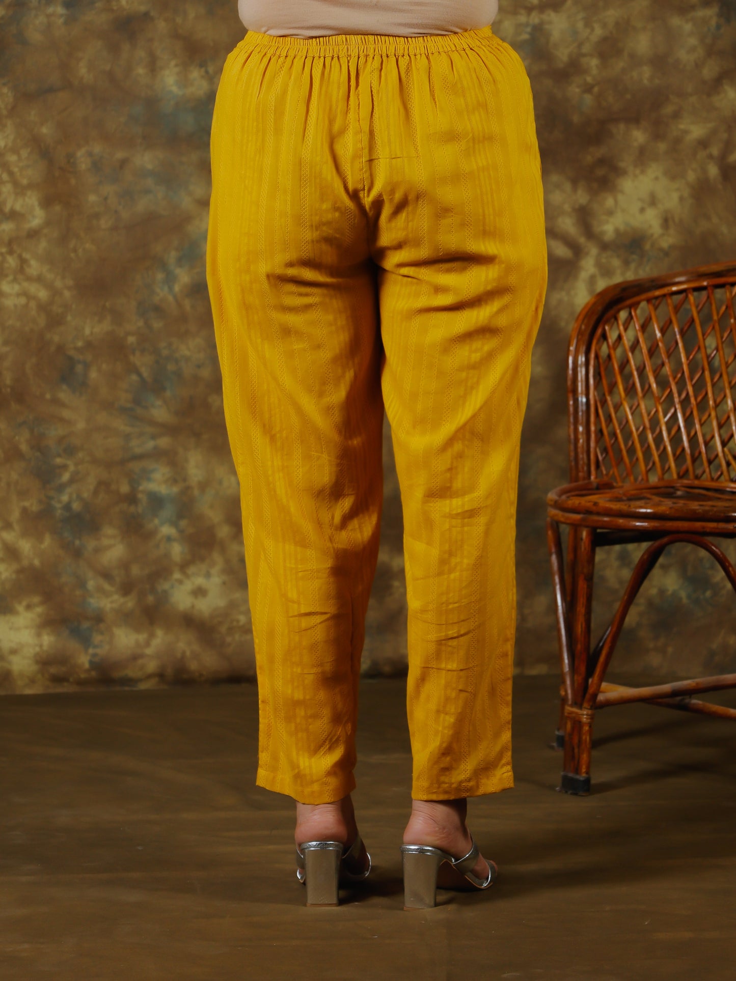 Cotton Dobby Solid Yellow Tapered Tapered Trousers