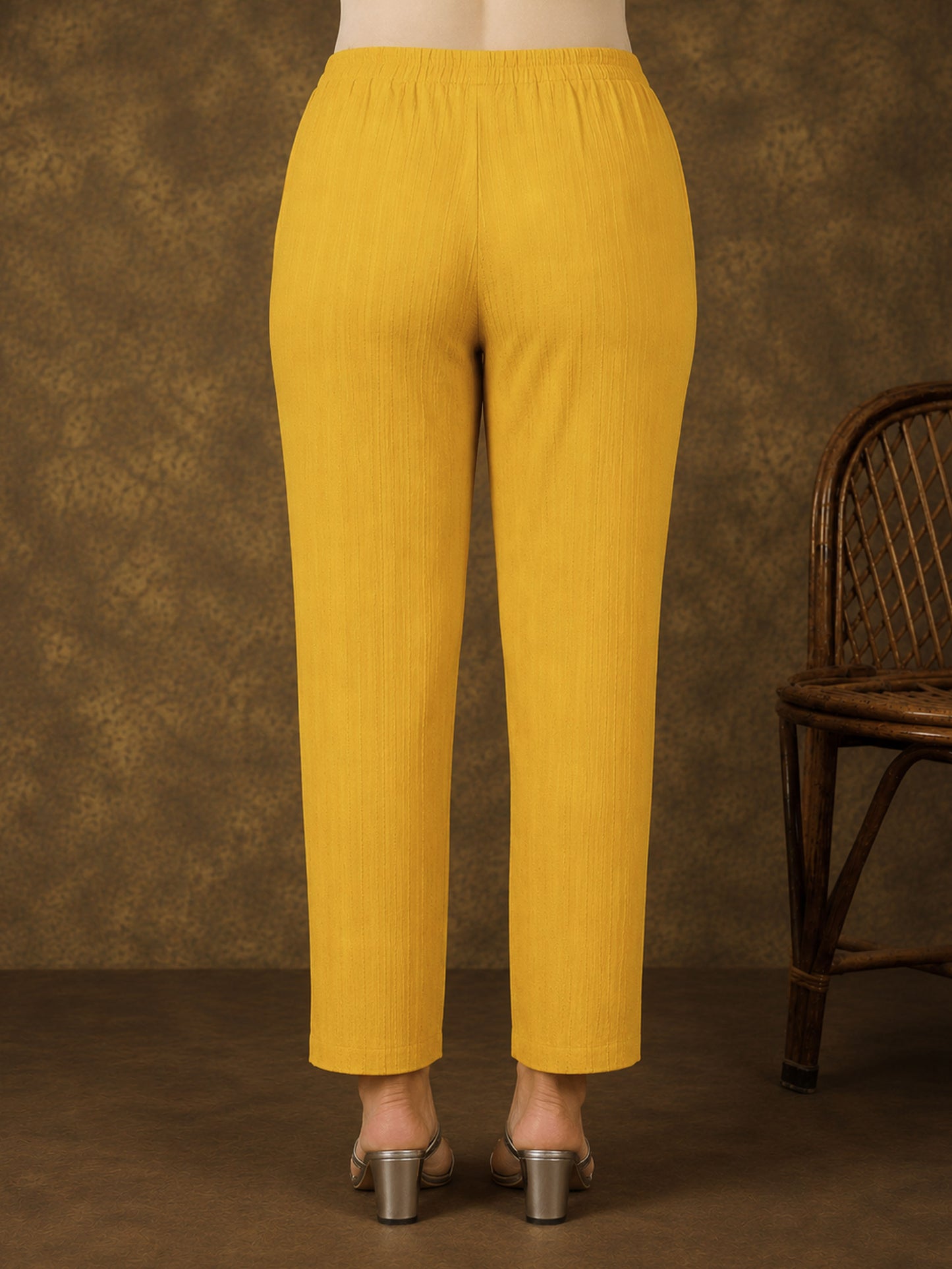 Cotton Dobby Solid Yellow Tapered Tapered Trousers