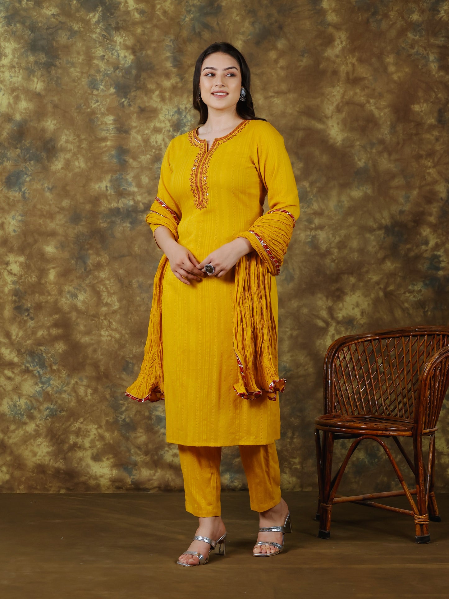 Embroidered Cotton Dobby Solid Straight Yellow Kurta