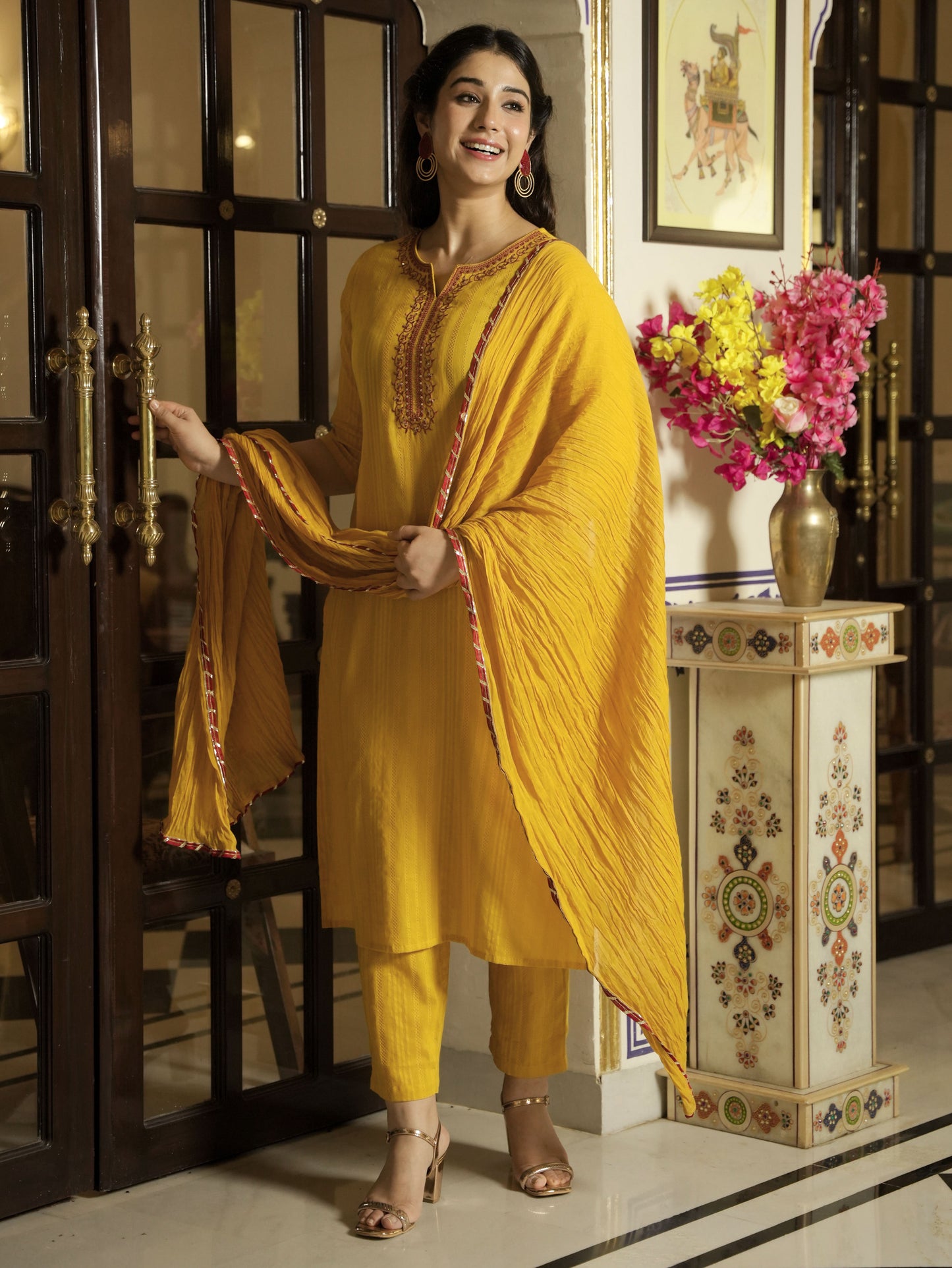 Embroidered Cotton Dobby Solid Straight Yellow Kurta