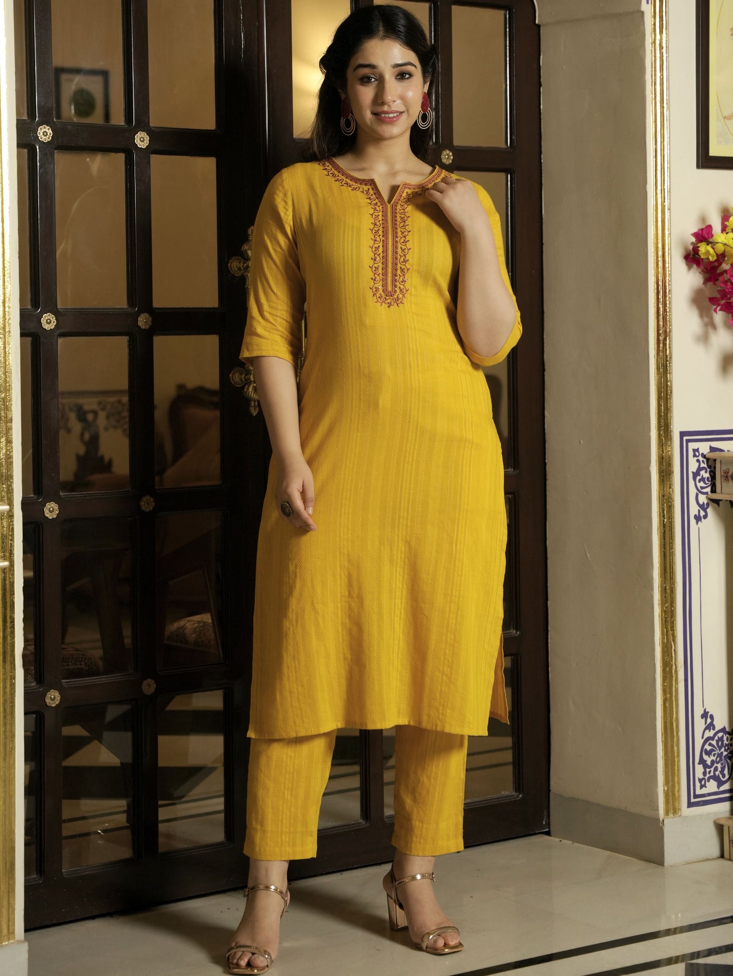 Embroidered Cotton Dobby Solid Straight Yellow Kurta