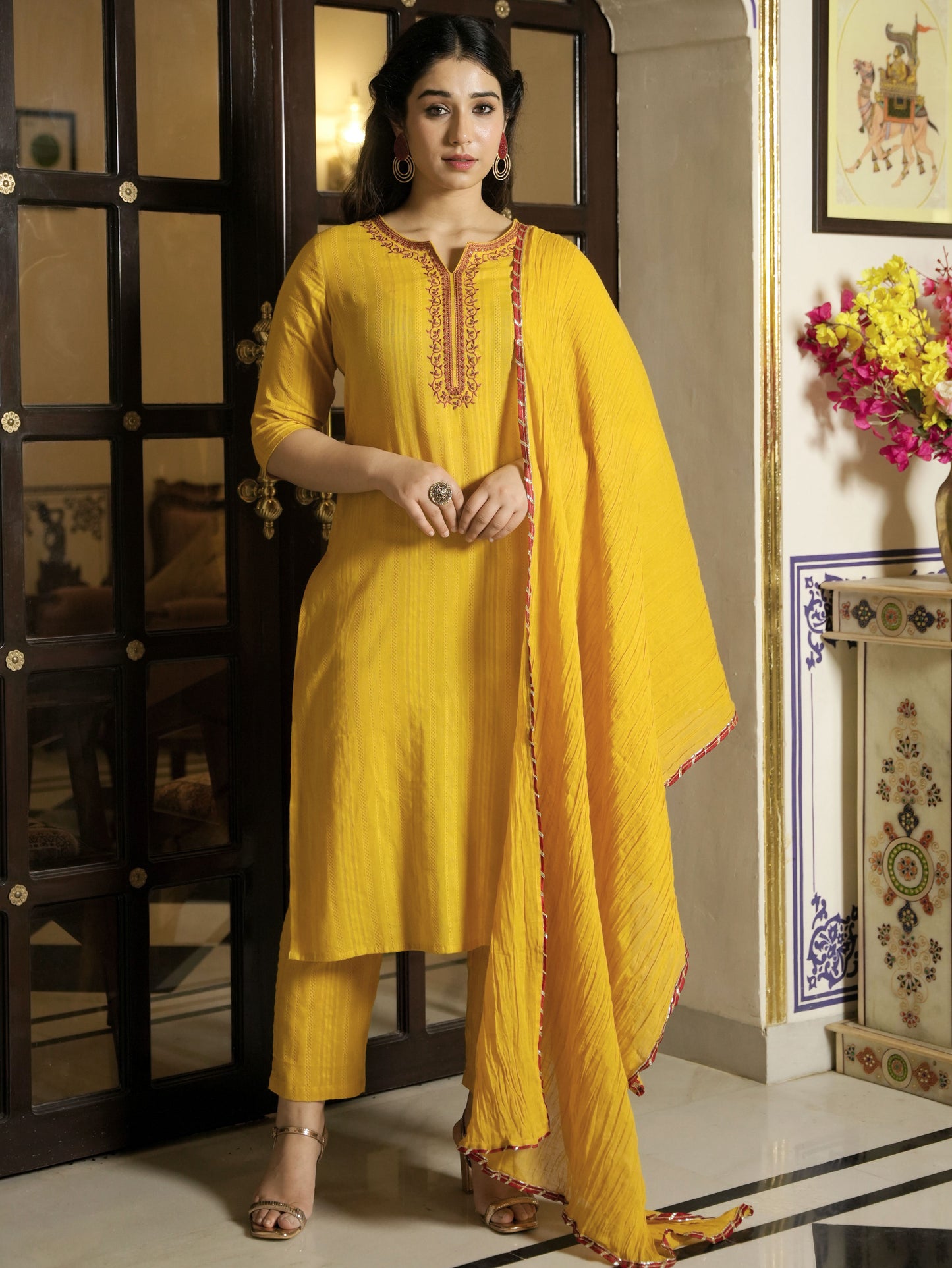 Embroidered Cotton Dobby Solid Straight Yellow Kurta