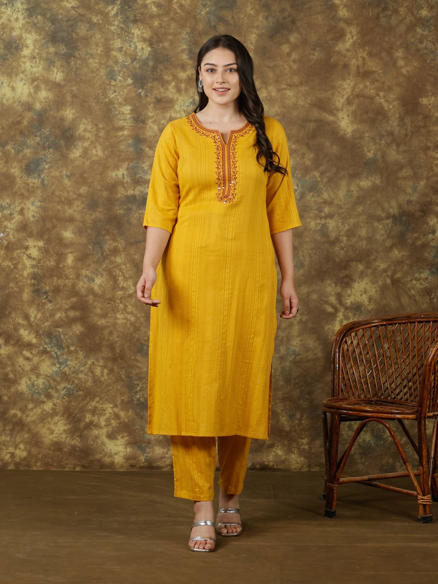 Embroidered Cotton Dobby Solid Straight Yellow Kurta