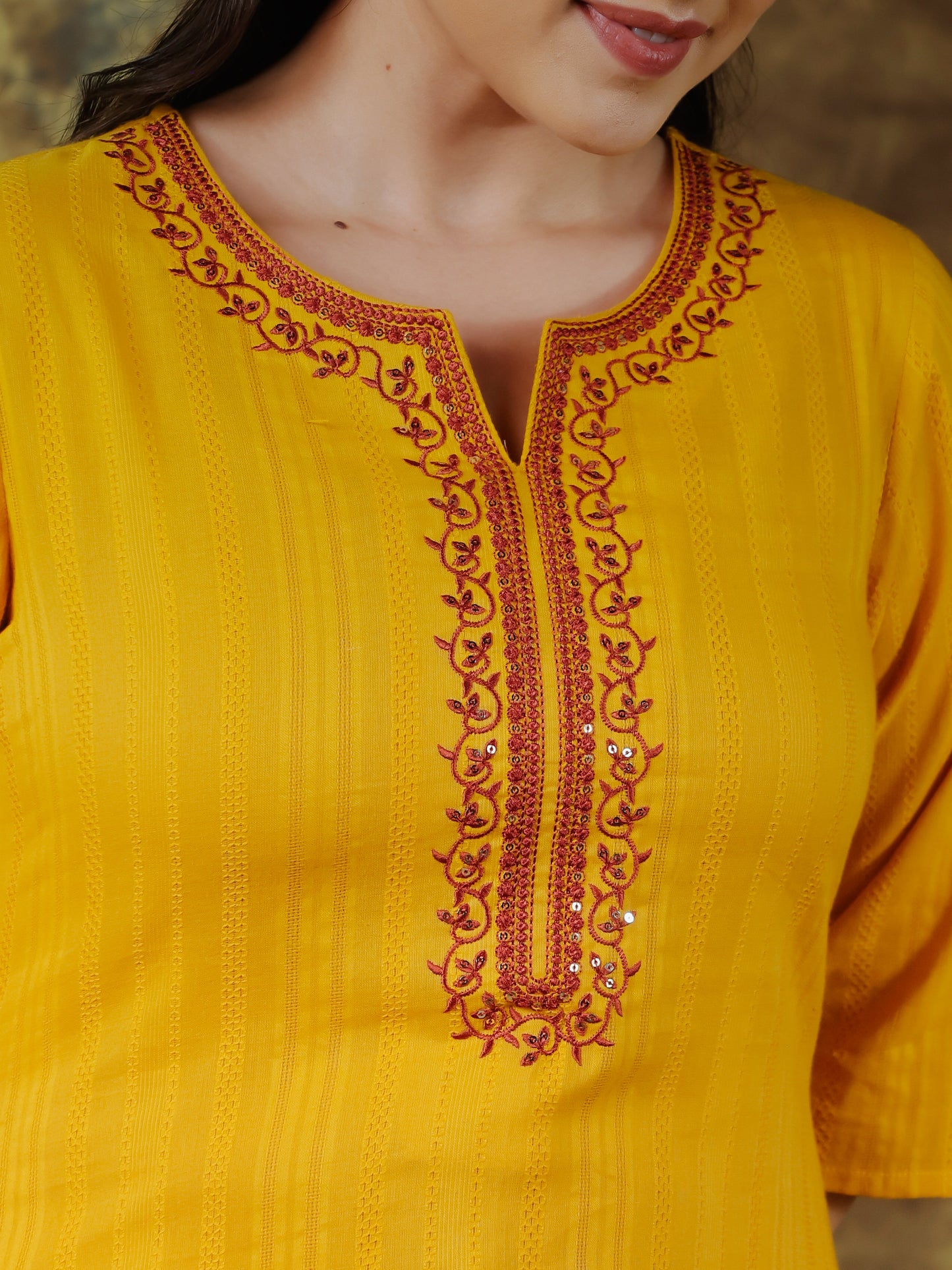 Embroidered Cotton Dobby Solid Straight Yellow Kurta