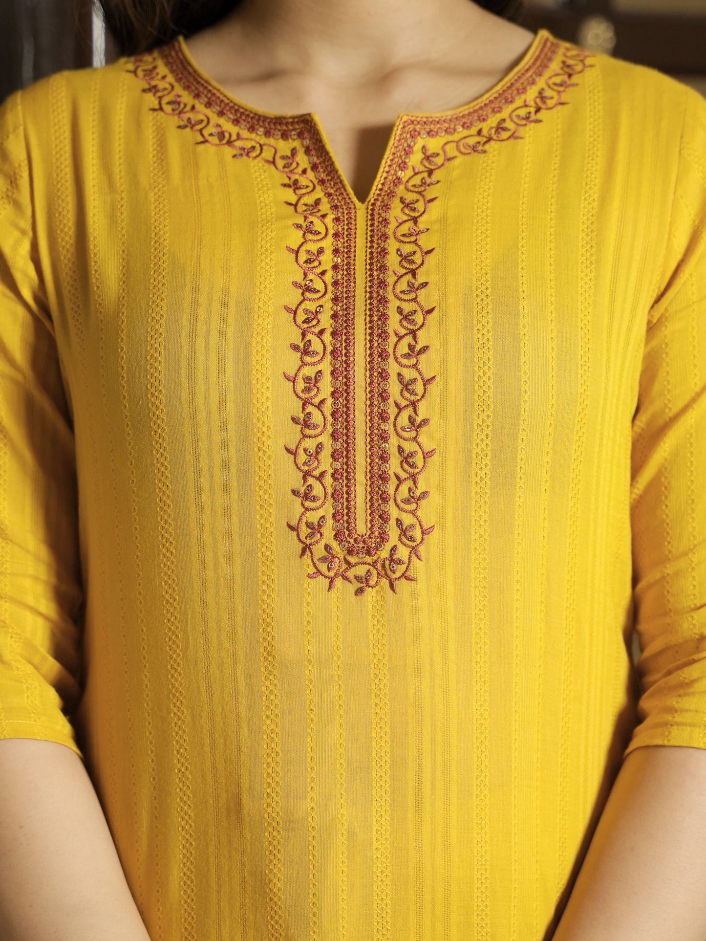 Embroidered Cotton Dobby Solid Straight Yellow Kurta