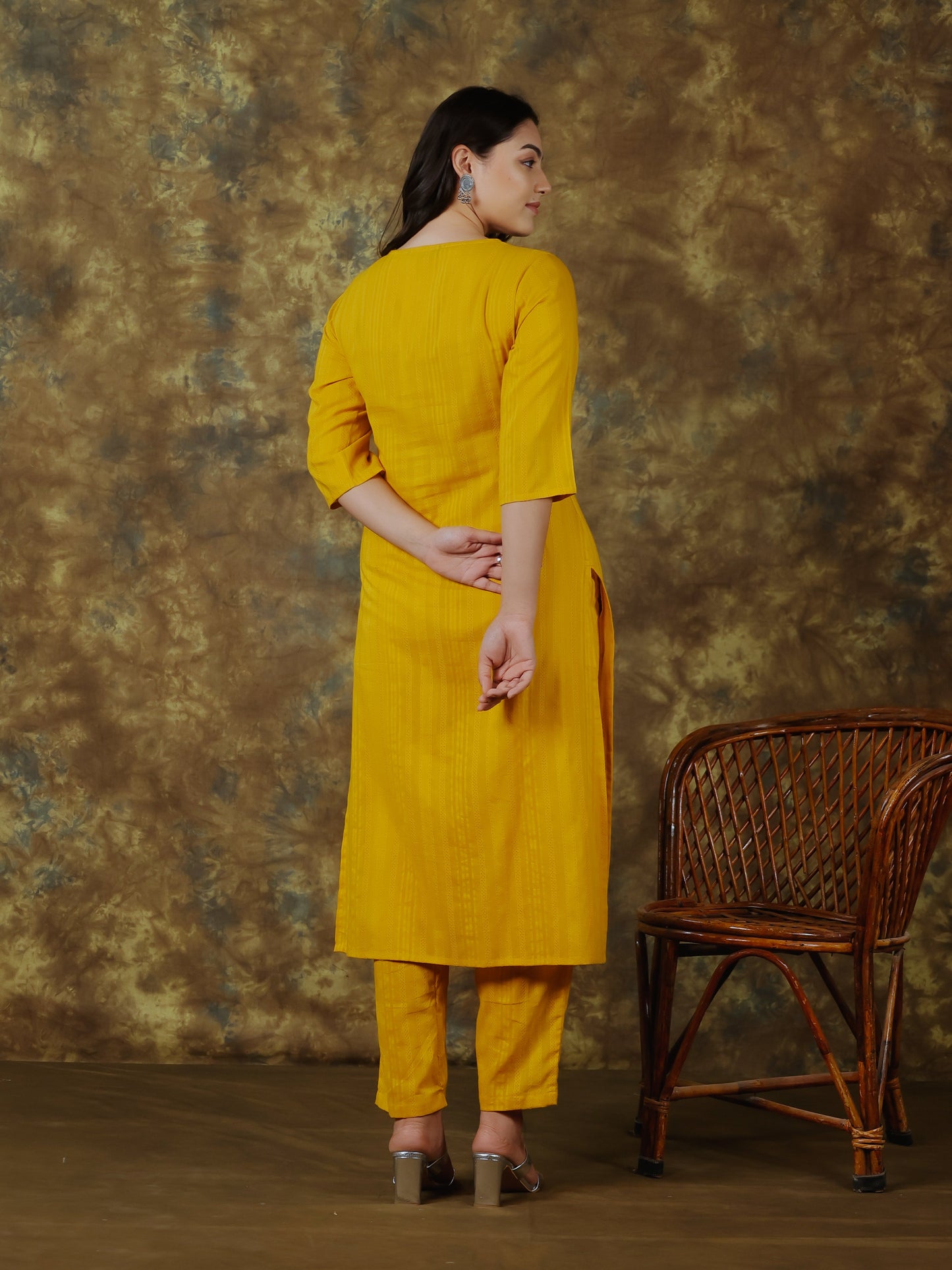 Embroidered Cotton Dobby Solid Straight Yellow Kurta