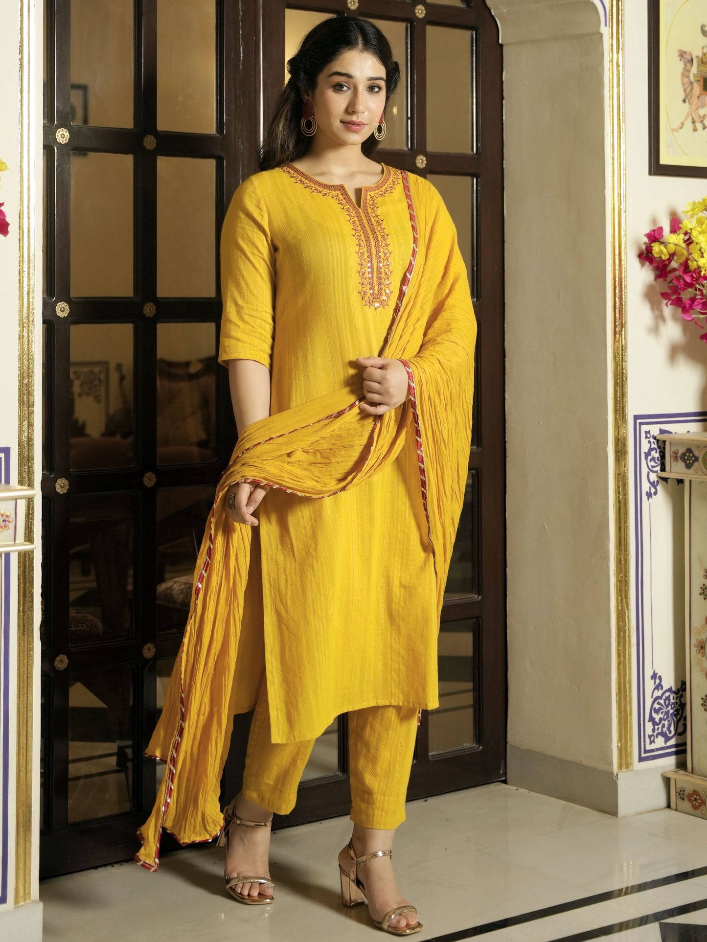 Embroidered Cotton Dobby Solid Straight Yellow Kurta