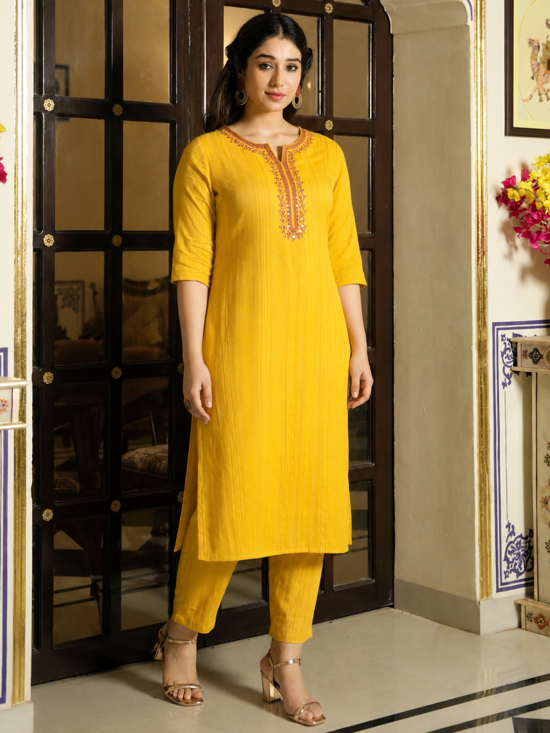 Embroidered Cotton Dobby Solid Straight Yellow Kurta