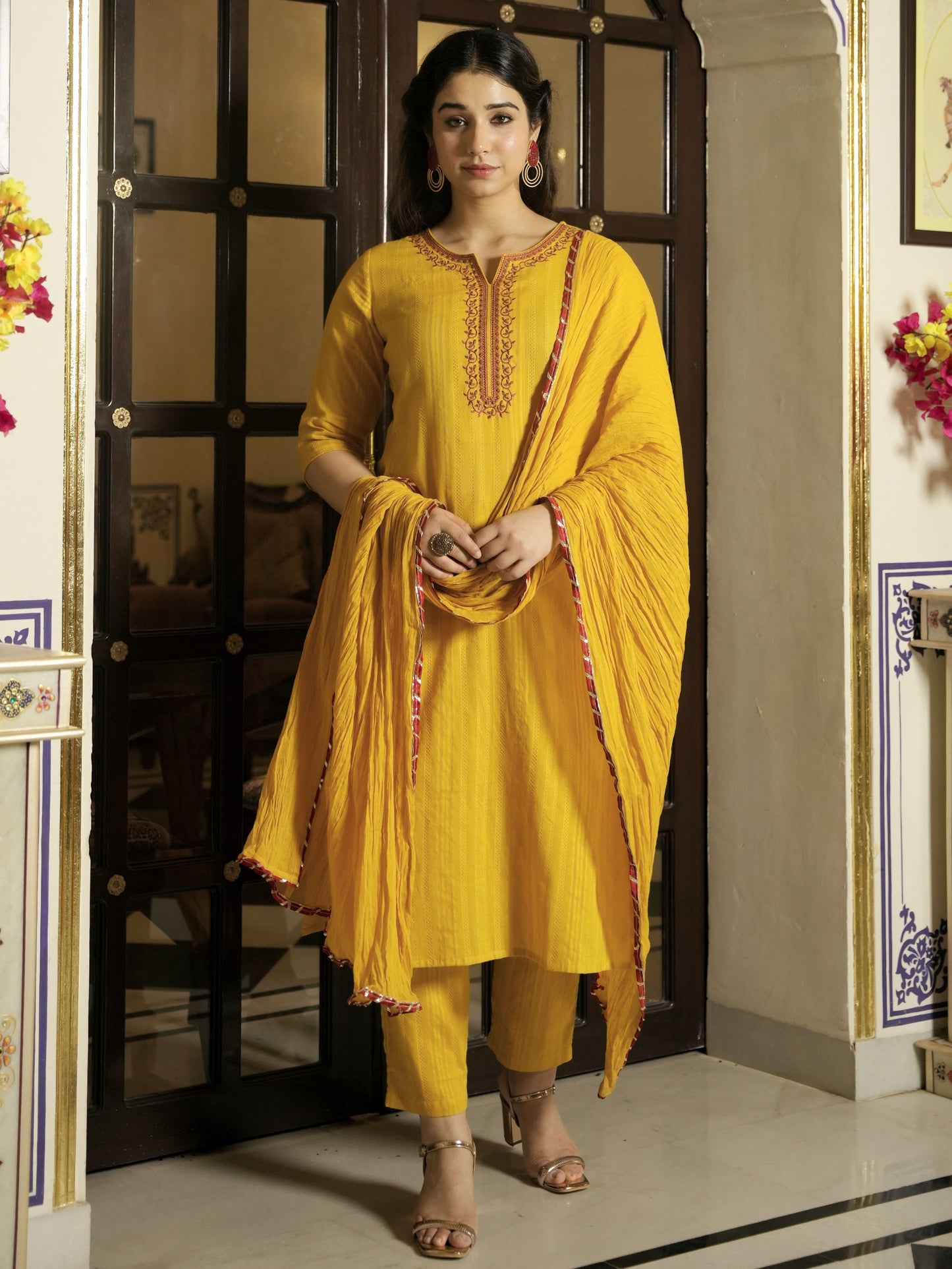 Embroidered Cotton Dobby Solid Straight Yellow Kurta