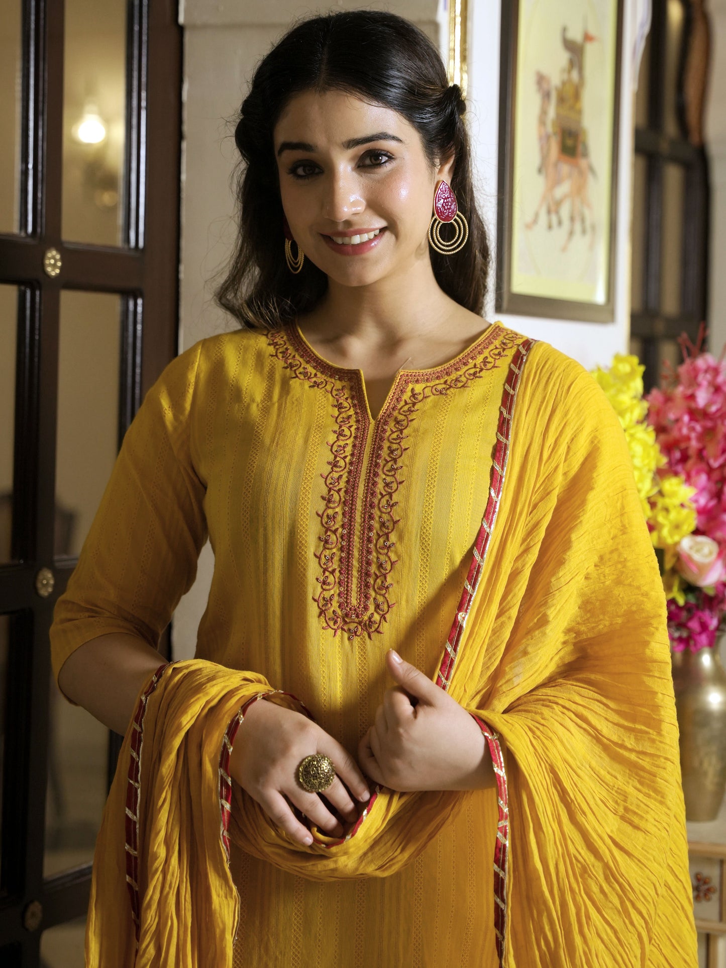 Embroidered Cotton Dobby Solid Straight Yellow Kurta