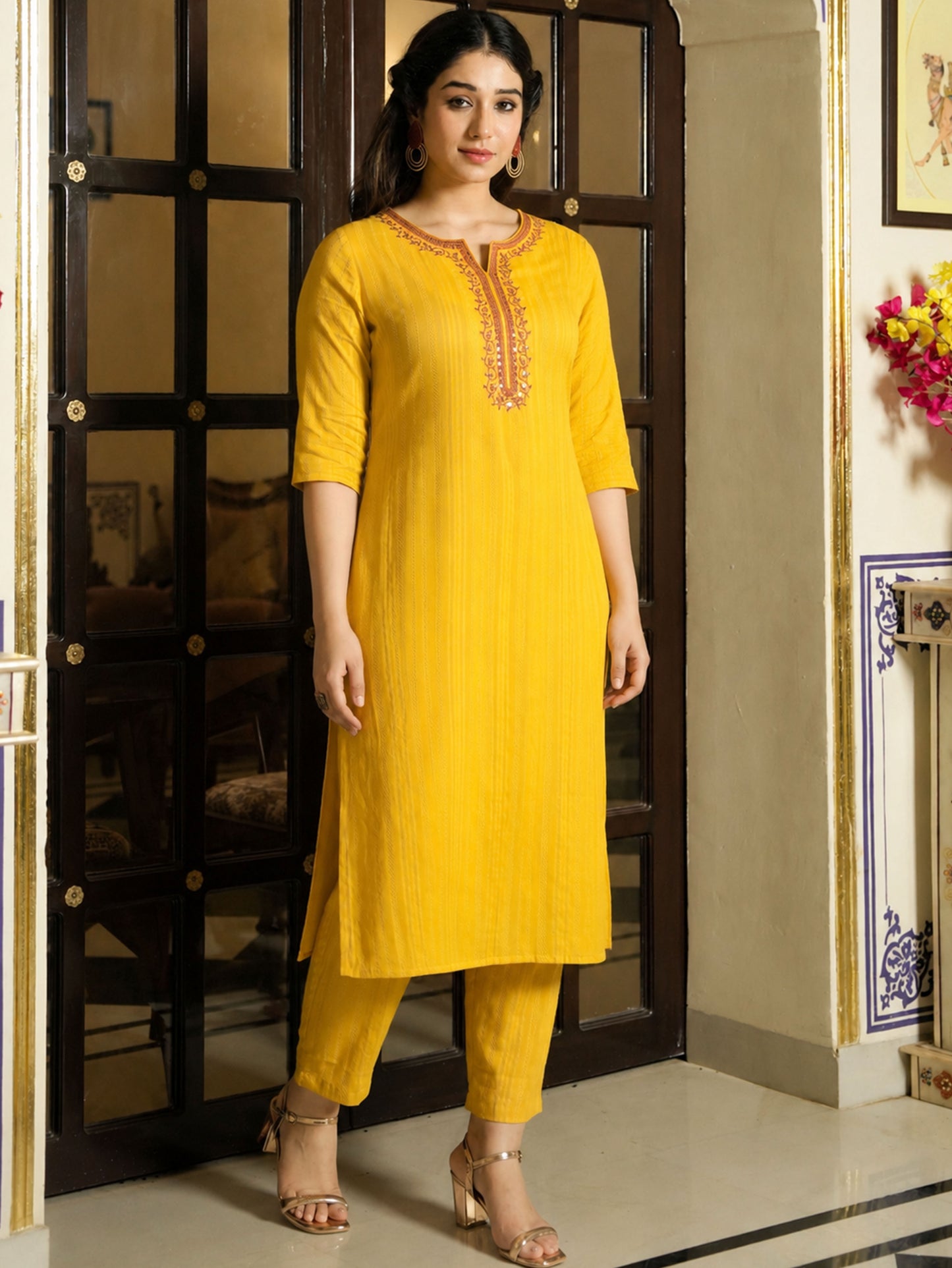 Embroidered Cotton Dobby Solid Straight Yellow Kurta