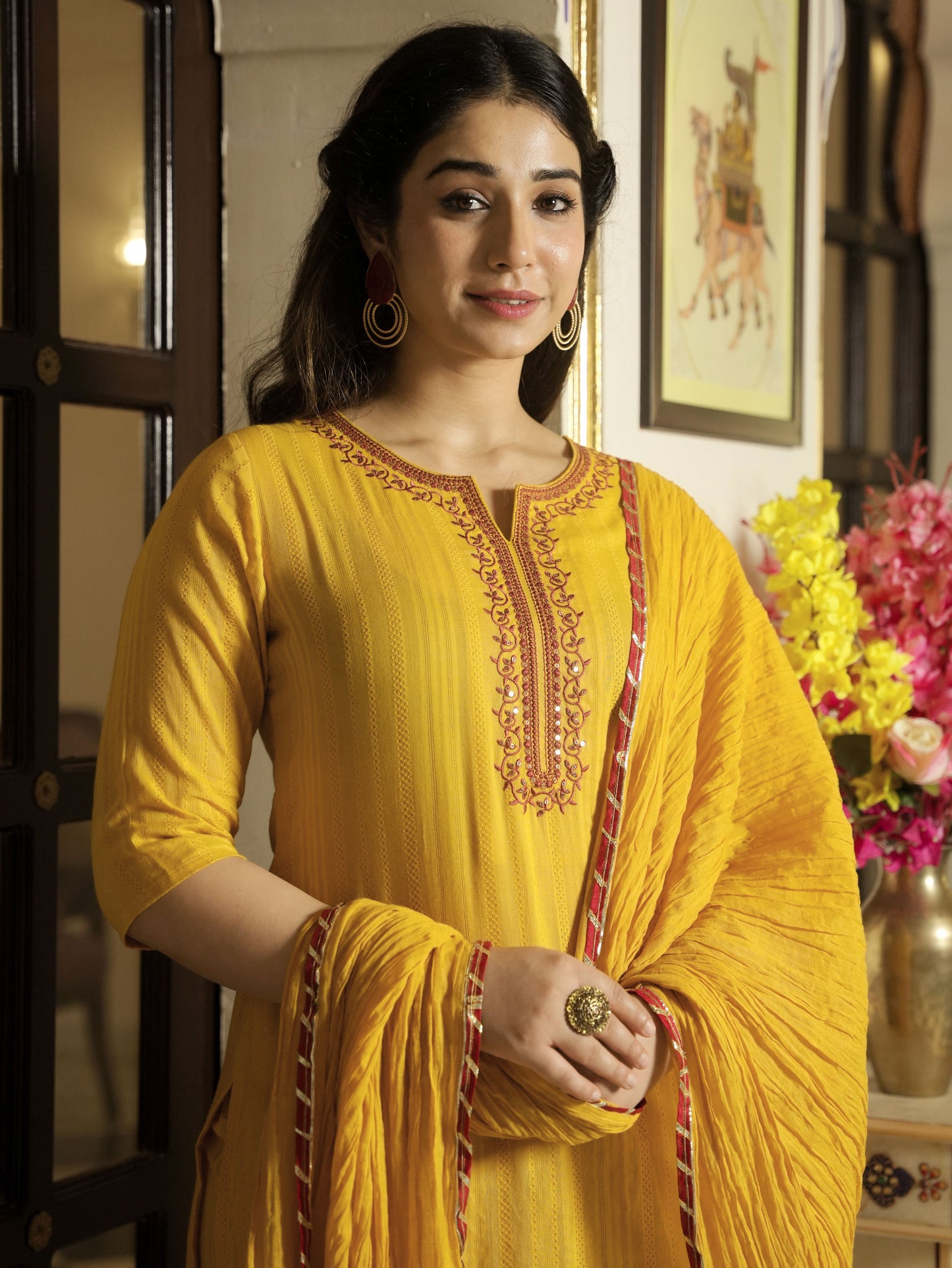 Embroidered Cotton Dobby Solid Straight Yellow Kurta